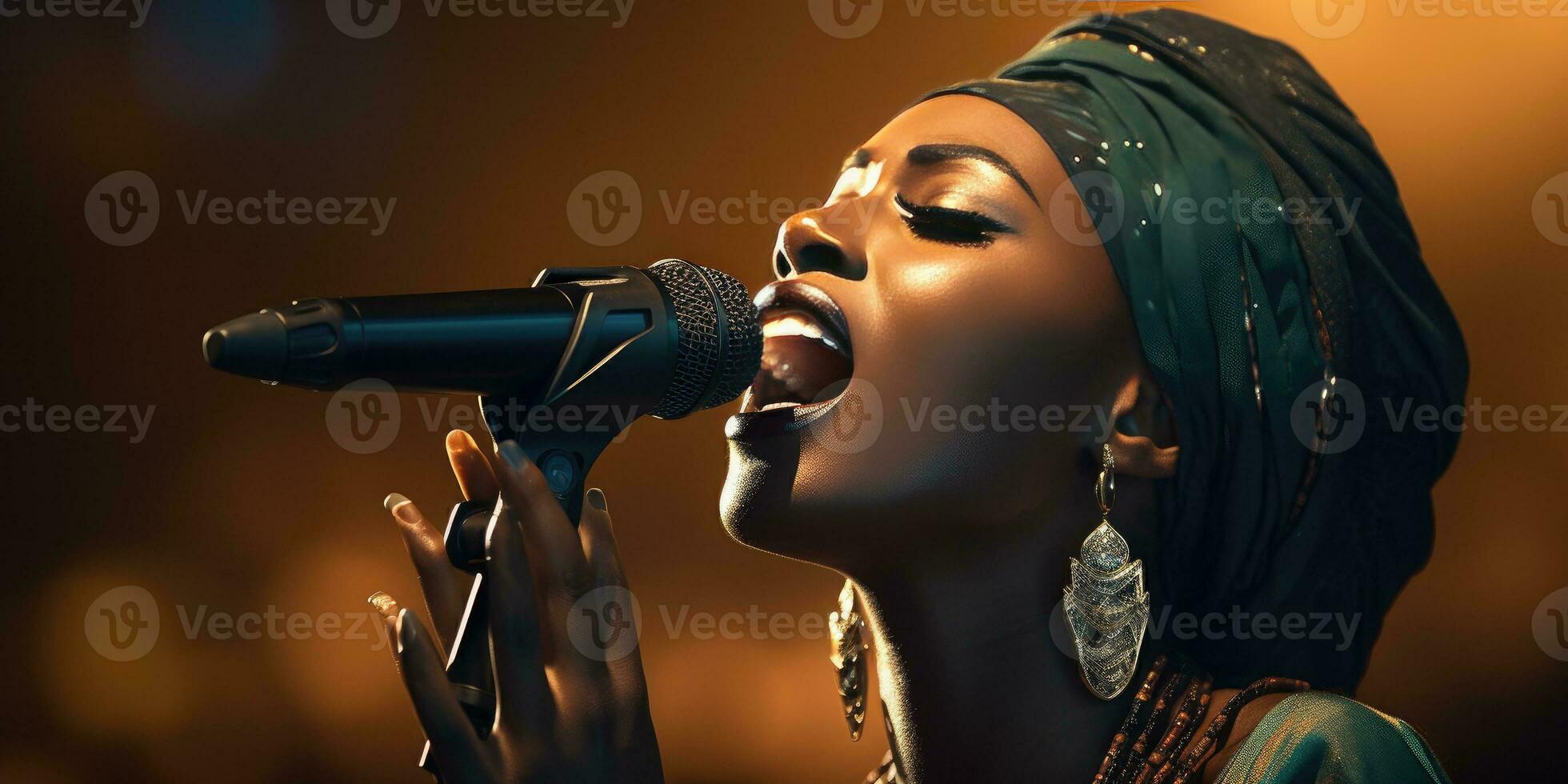 jung afrikanisch Frau singt im Karaoke. generativ ai foto