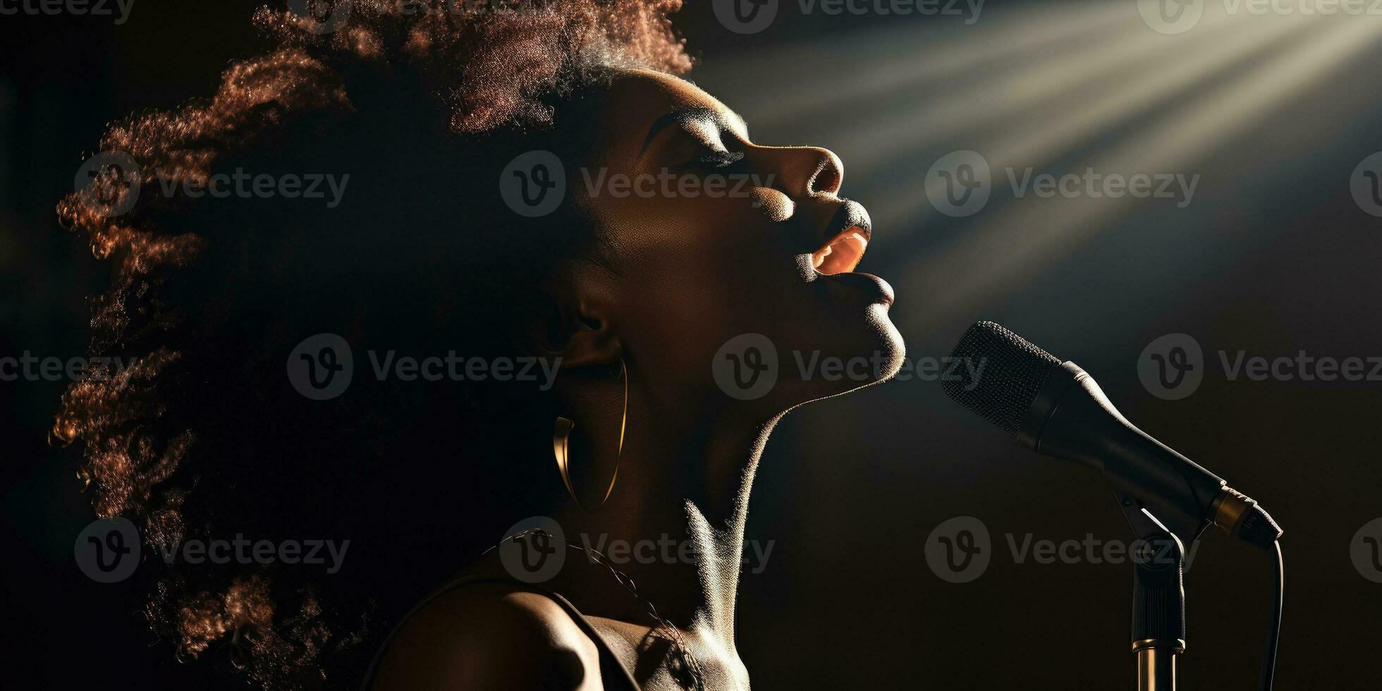 jung afrikanisch Frau singt im Karaoke. generativ ai foto