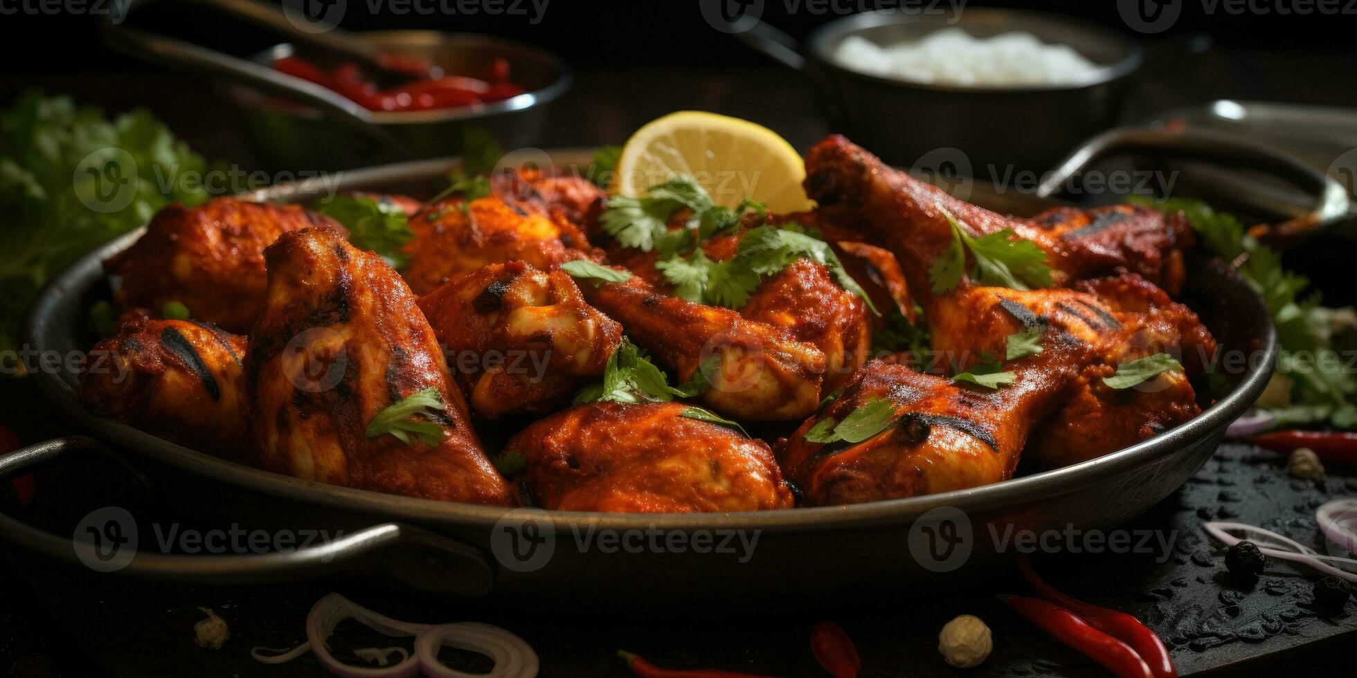 das National Gericht von Indien, Tandoori Hähnchen. Gericht Nahansicht. generativ ai foto