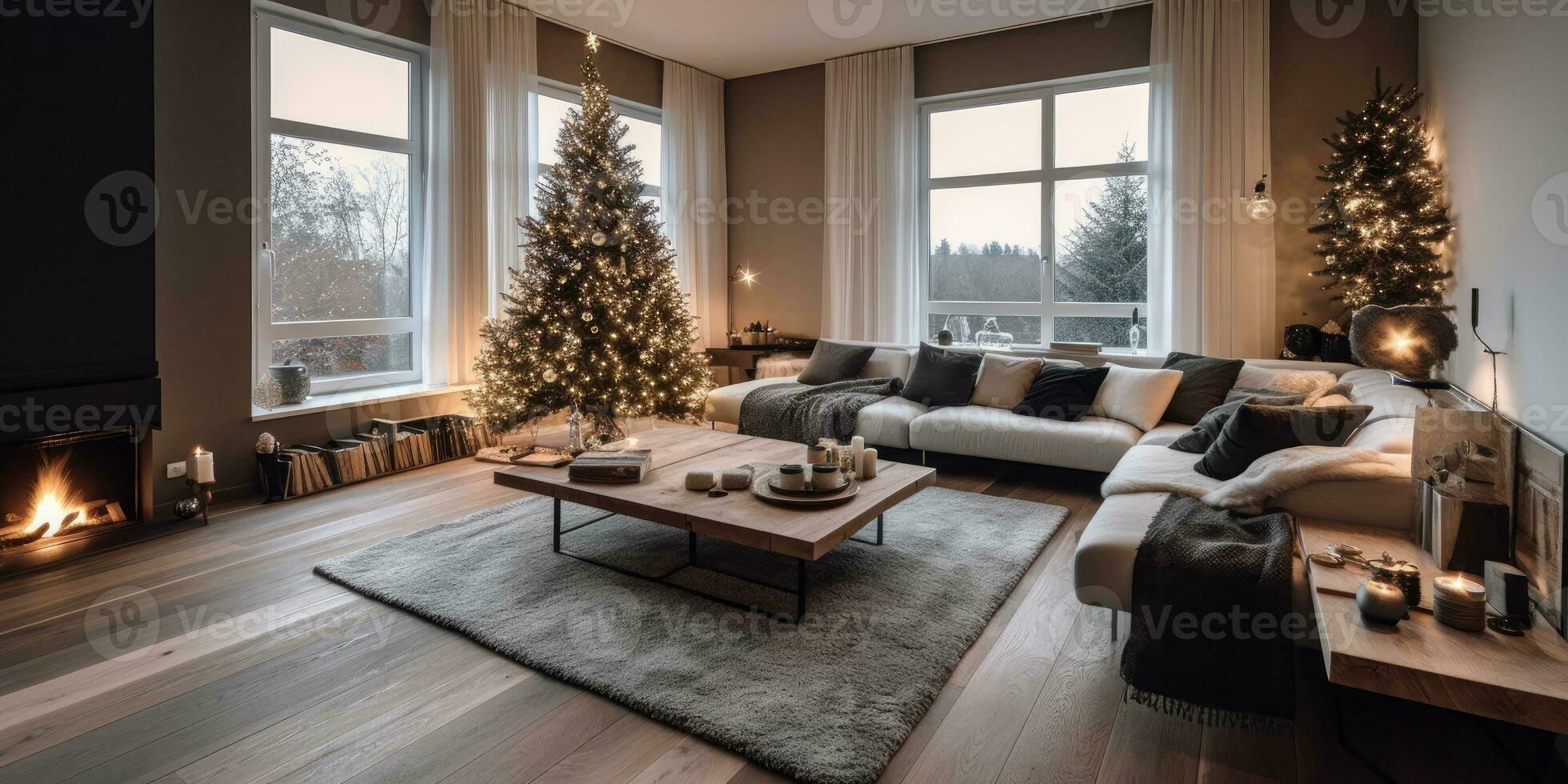 Kamin im modern Leben Zimmer. Neu Jahre Innere. neutral Farben. Minimalismus. generativ ai foto