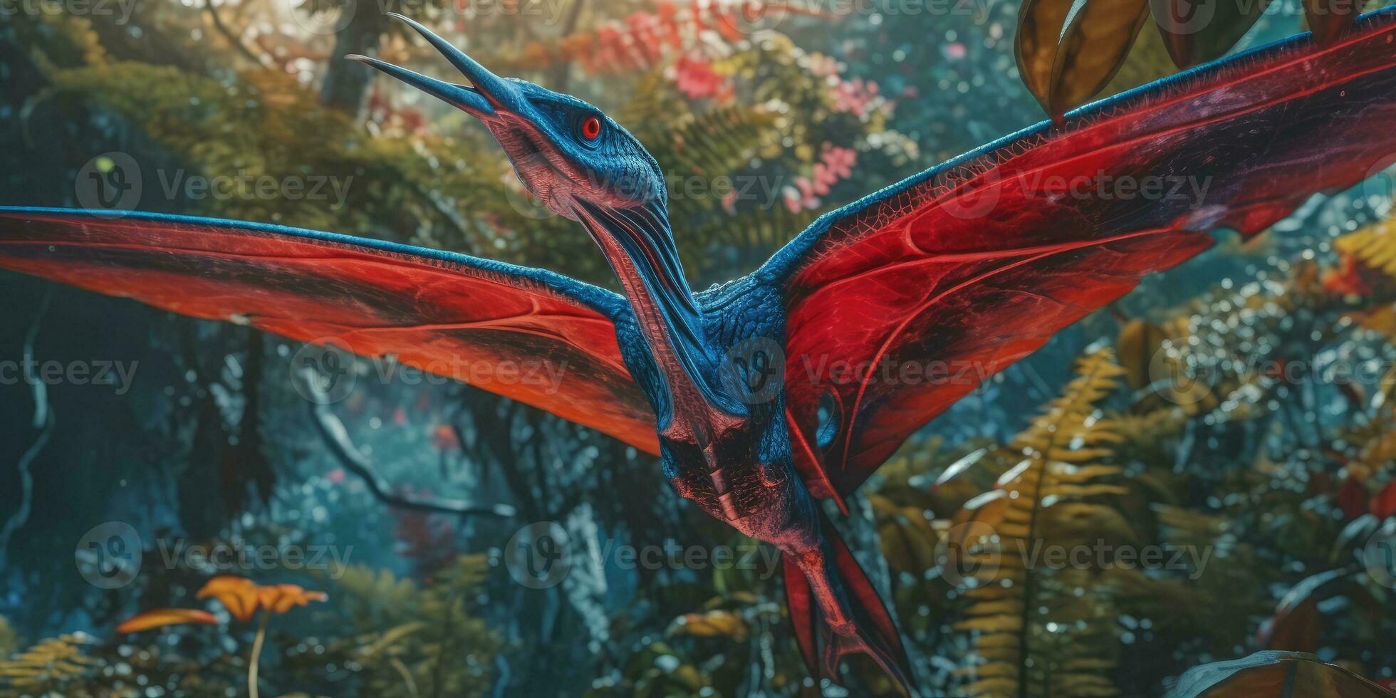 hell Bild von ein Flugsaurier Dschungel. Fantasie Welt. Dinosaurier. generativ ai foto