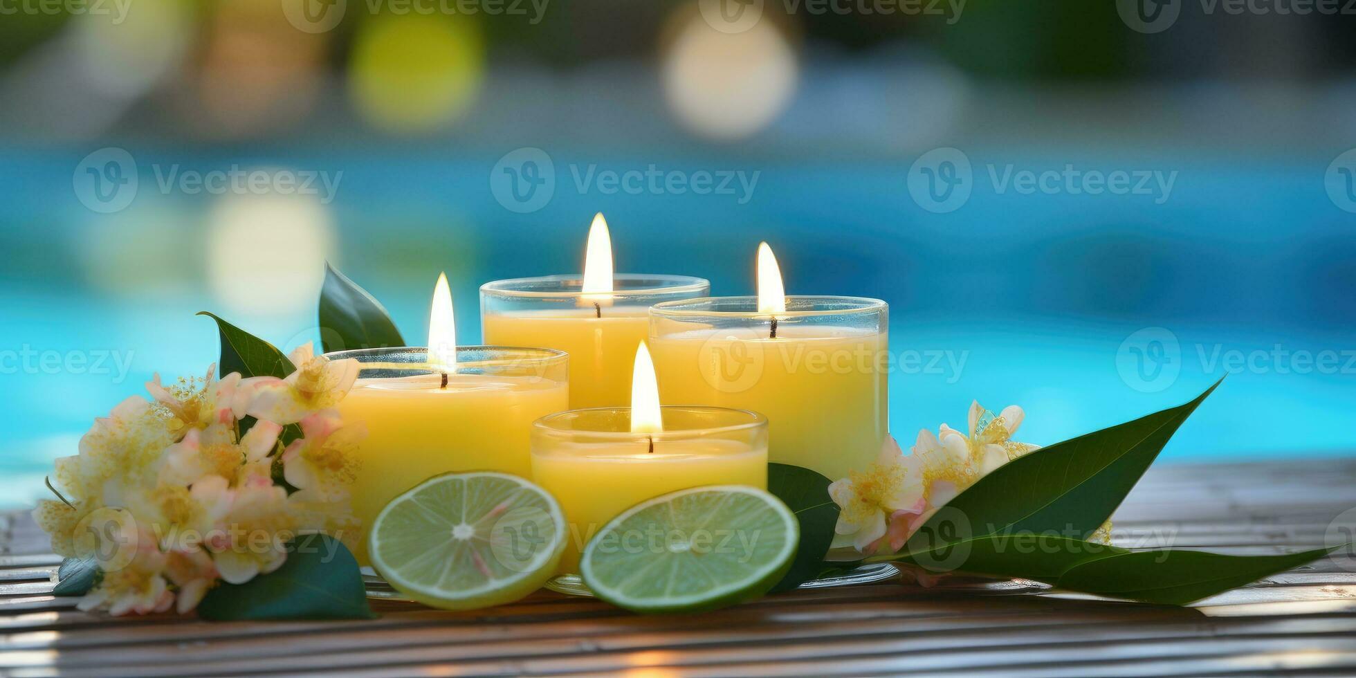 Zitrone Kerzen durch das Schwimmbad. romantisch Stimmung. generativ ai foto