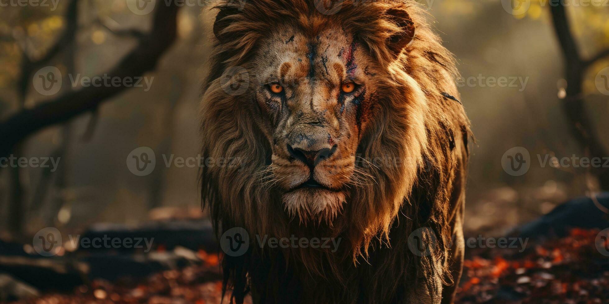 Porträt von Erwachsene männlich Löwe, wild Tier das Natur Lebensraum. vernarbt Löwe Gesicht. generativ ai foto