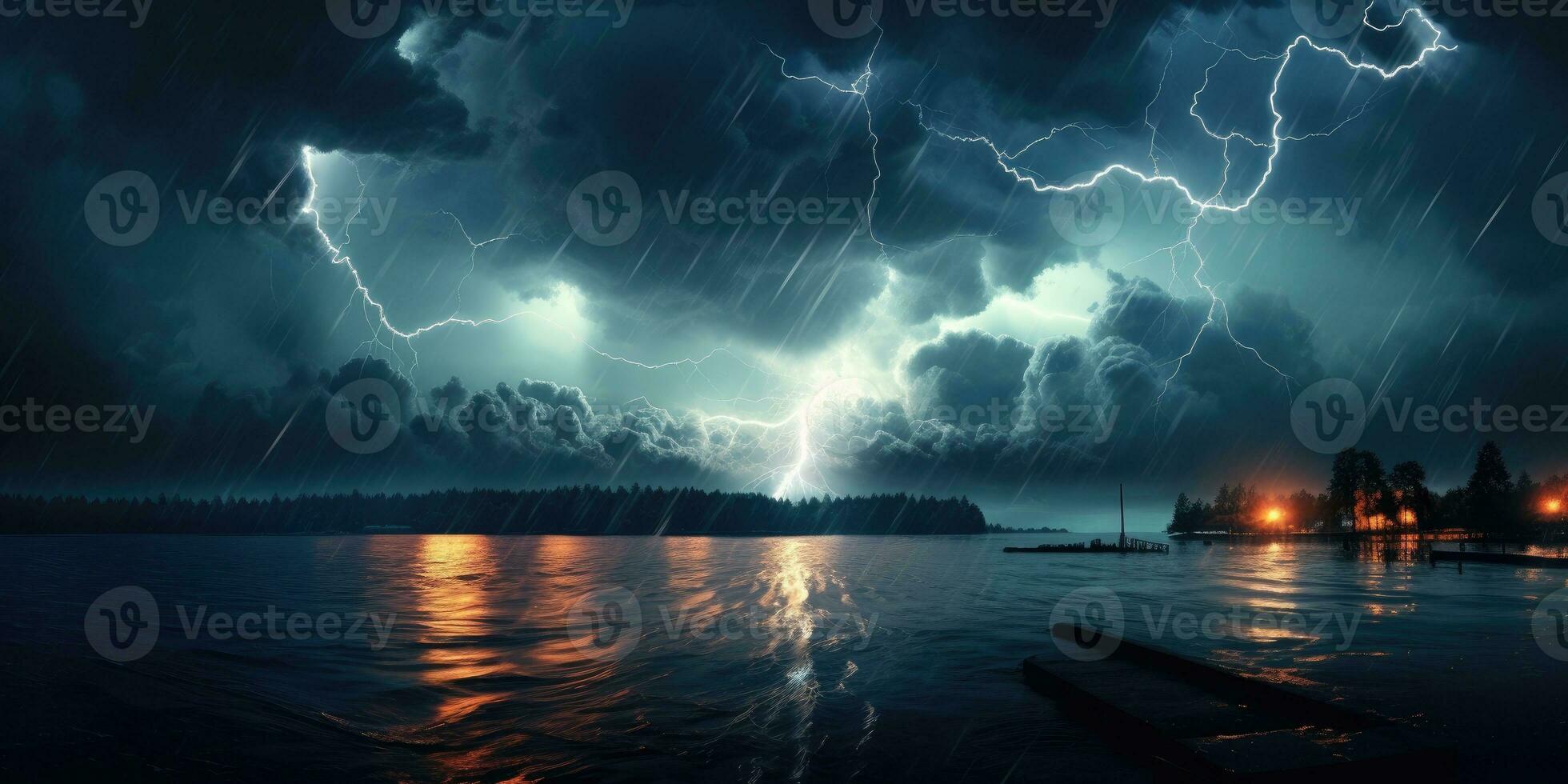 Nacht Gewitter Über das See, Blitz mit dramatisch Wolken. generativ ai foto