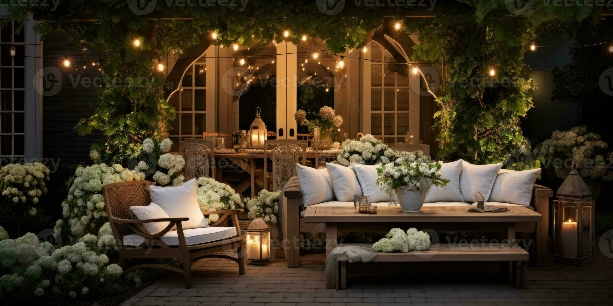 Garten Möbel mit Kissen auf hölzern Terrasse mit ein Tablett von Blumen beim Nacht. generativ ai foto
