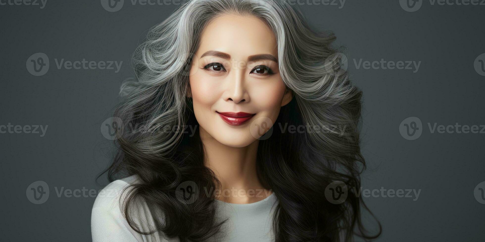 grau haarig asiatisch Frau auf ein dunkel Hintergrund Nahansicht. generativ ai foto