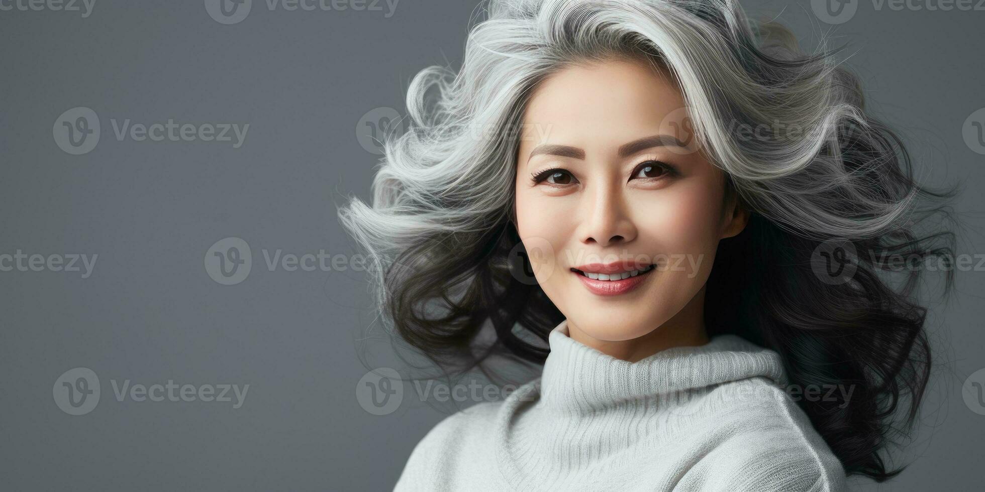 grau haarig asiatisch Frau auf ein Licht Hintergrund Nahansicht. generativ ai foto