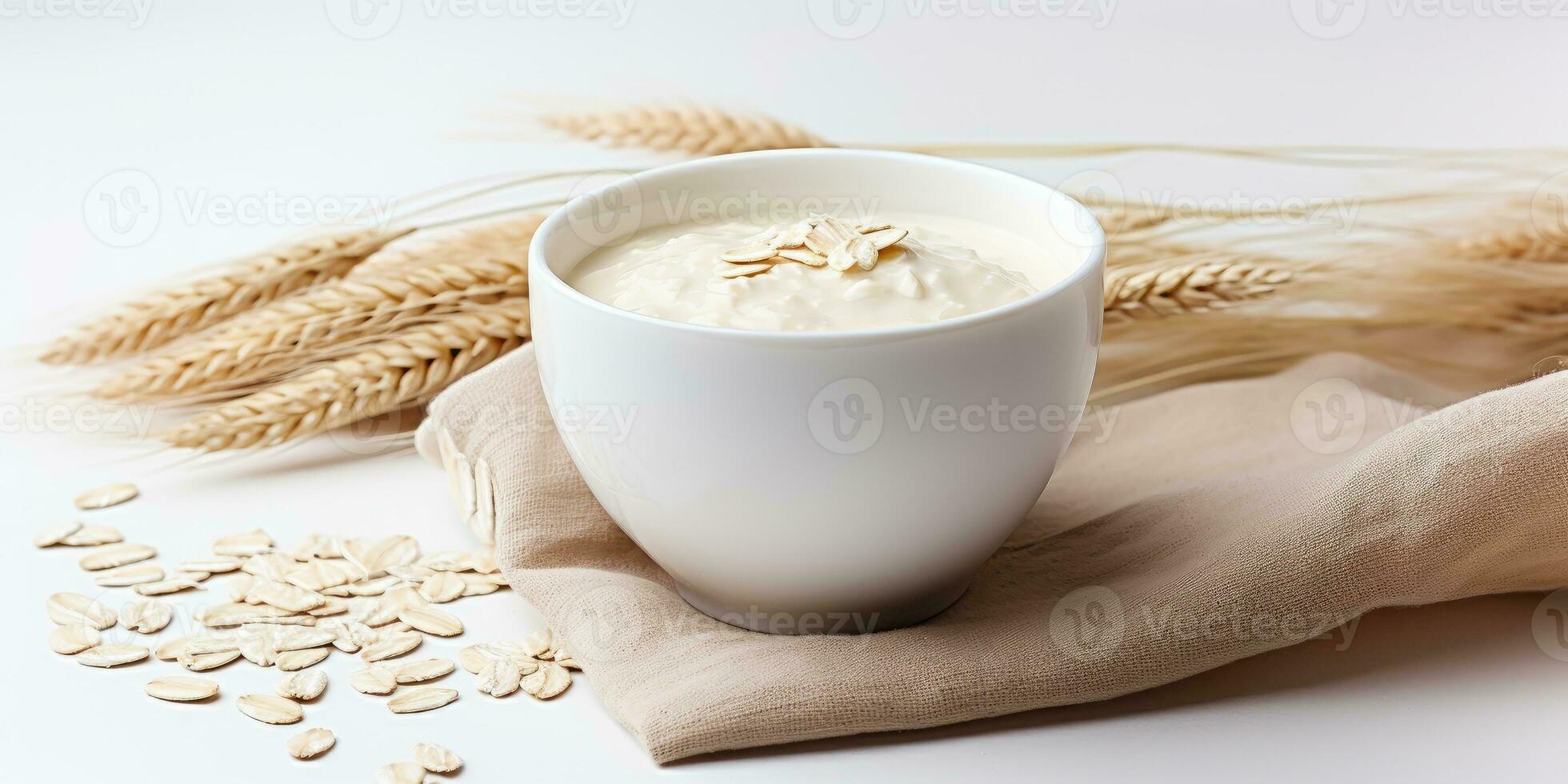 Haferflocken Haferbrei im Weiß Schüssel. köstlich Frühstück im das Morgen. generativ ai foto