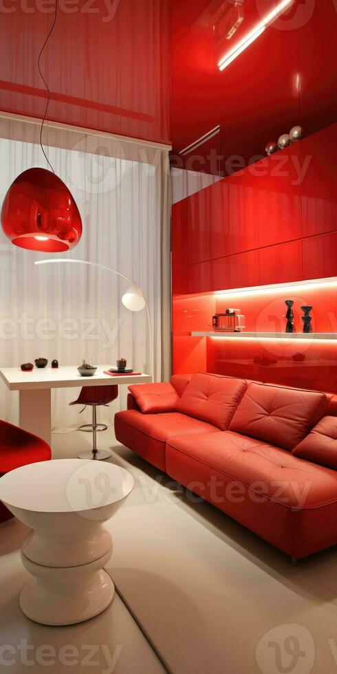 Design von ein modern Wohnung im rot Schattierungen, Küche und Leben Zimmer. generativ ai foto