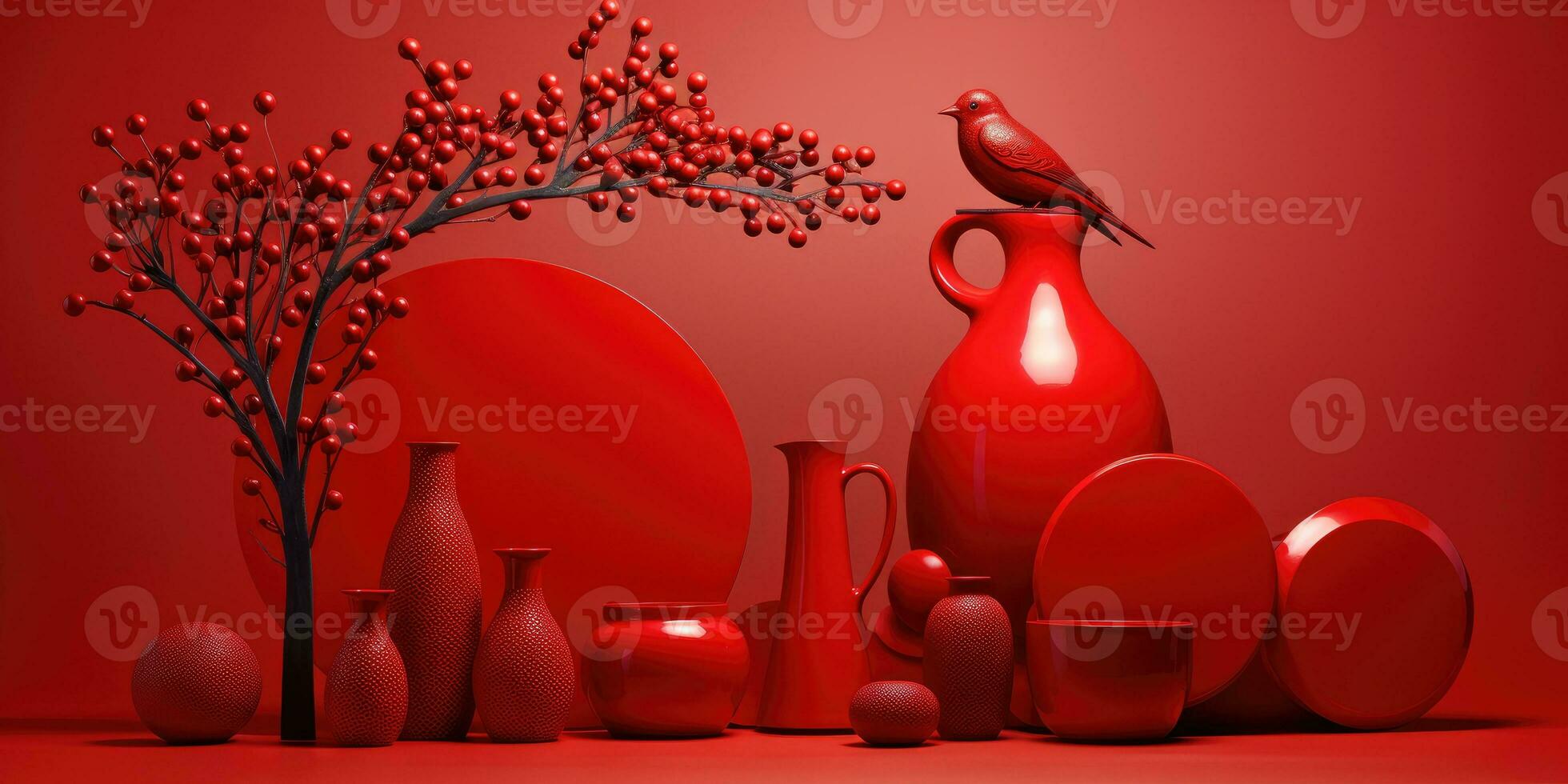 Komposition von rot Objekte auf ein Grün Hintergrund. generativ ai foto