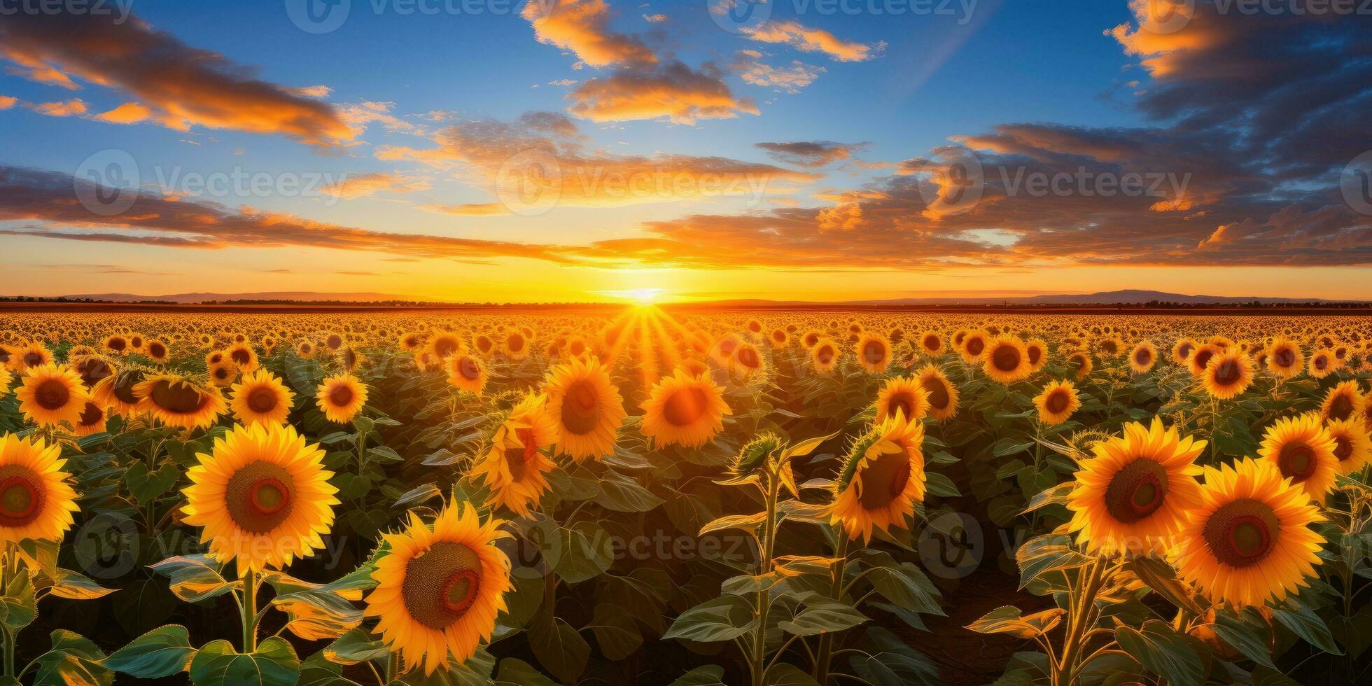 Feld von Blühen Sonnenblumen auf Hintergrund Sonnenuntergang. generativ ai foto