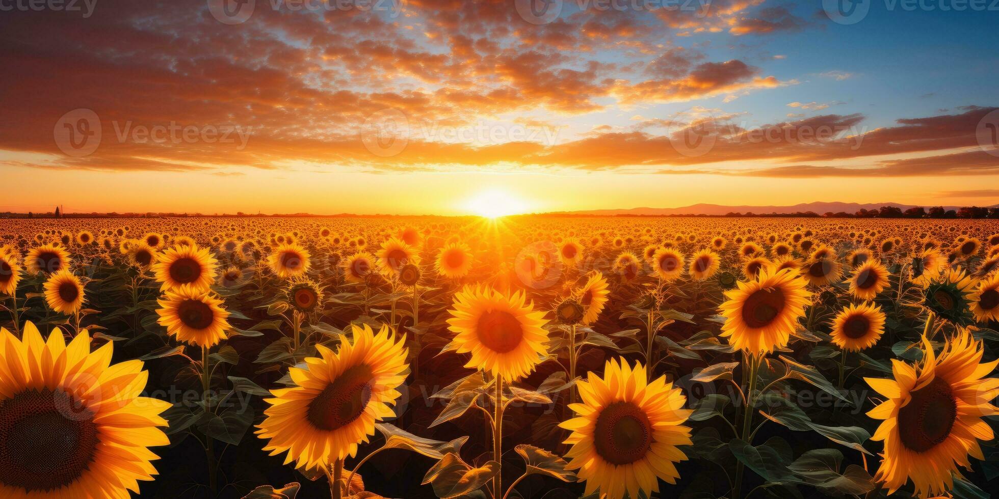Feld von Blühen Sonnenblumen auf Hintergrund Sonnenuntergang. generativ ai foto