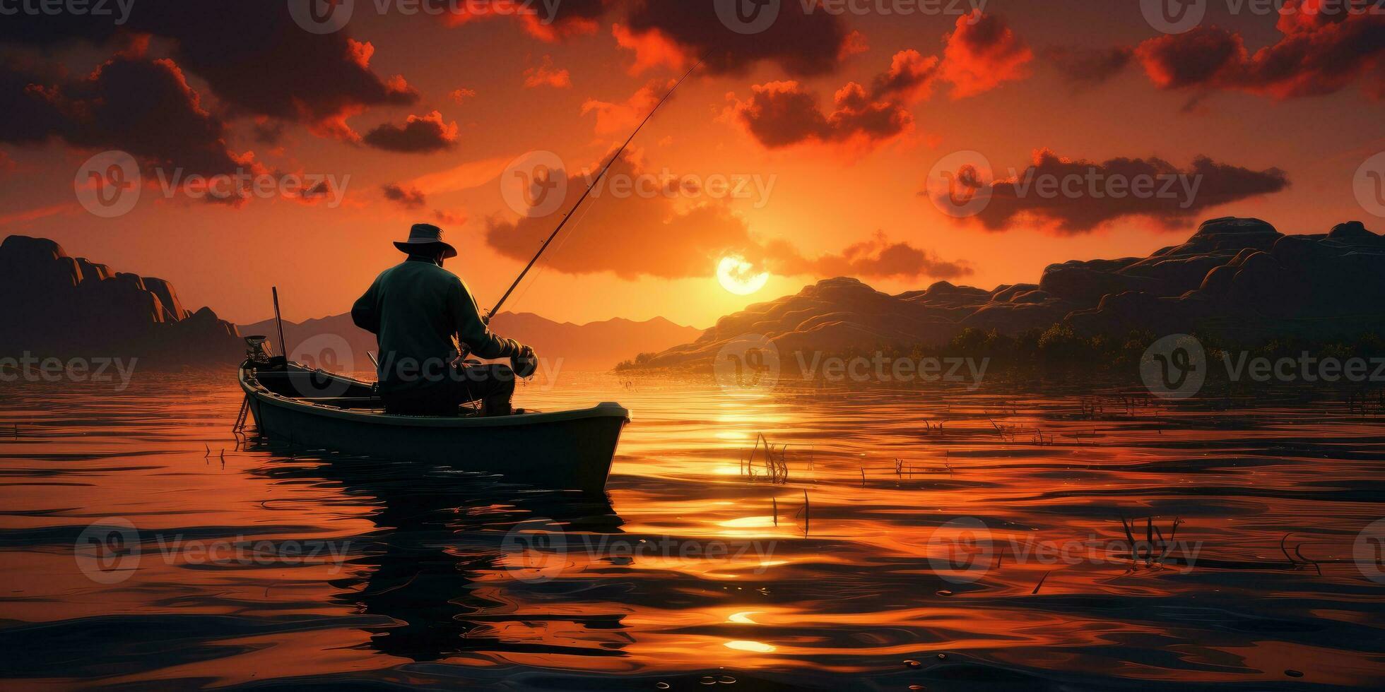 ein Mann im ein Boot ist Angeln auf das See gegen das Hintergrund von Sonnenuntergang. generativ ai foto