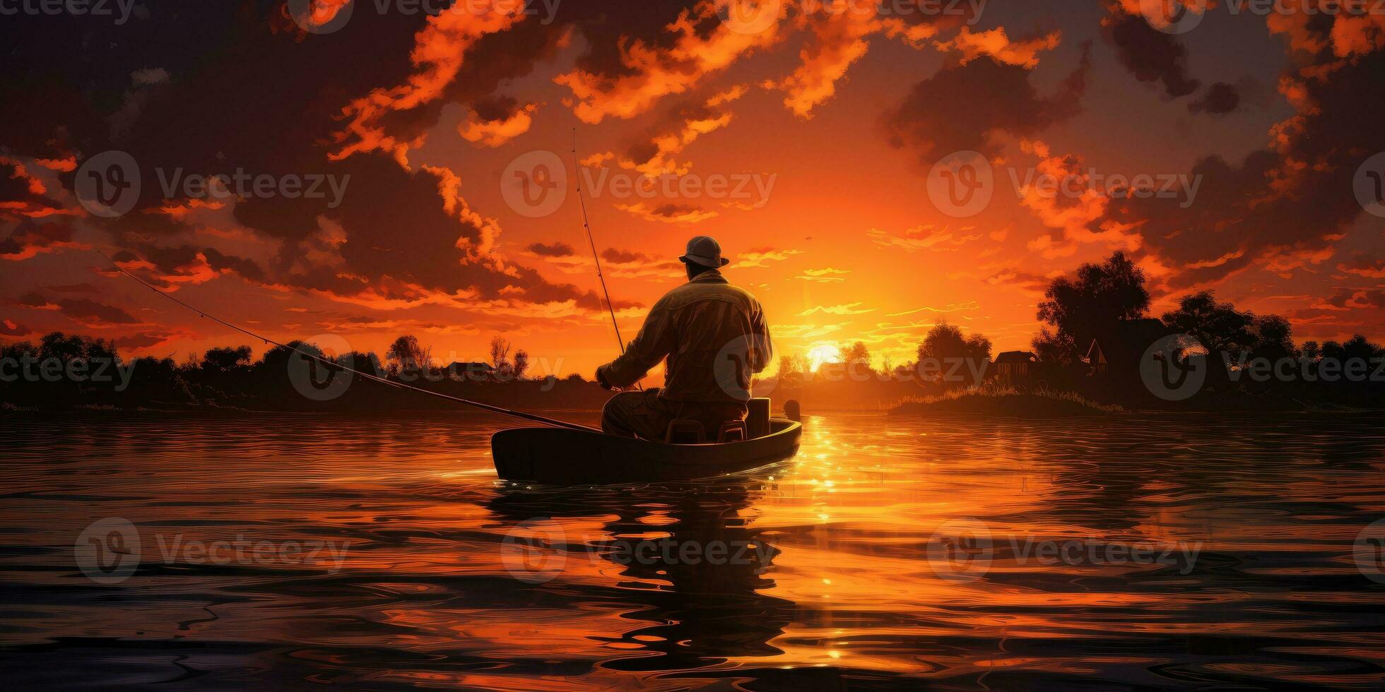 ein Mann im ein Boot ist Angeln auf das See gegen das Hintergrund von Sonnenuntergang. generativ ai foto