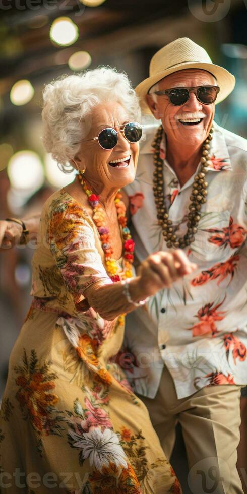 heiter Alten Paar Tanzen. Oma und Großvater. generativ ai foto