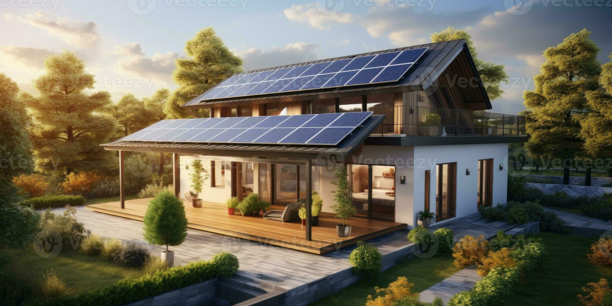 realistisch Design von ein modern Haus mit Solar- Paneele das Dach. Grün Energie. generativ ai foto
