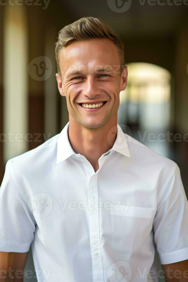 ein gut aussehend jung Mann tragen ein Weiß Hemd Stehen im das Straße lächelnd beim das Kamera. ai generiert foto