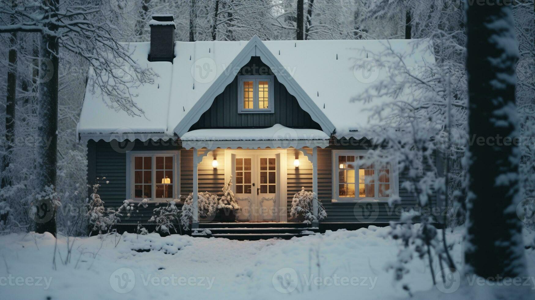 generativ ai, Haus Vorderseite im das Winter mit Weihnachten Dekoration, Kranz und Girlande. Schnee gemütlich Jahreszeit foto