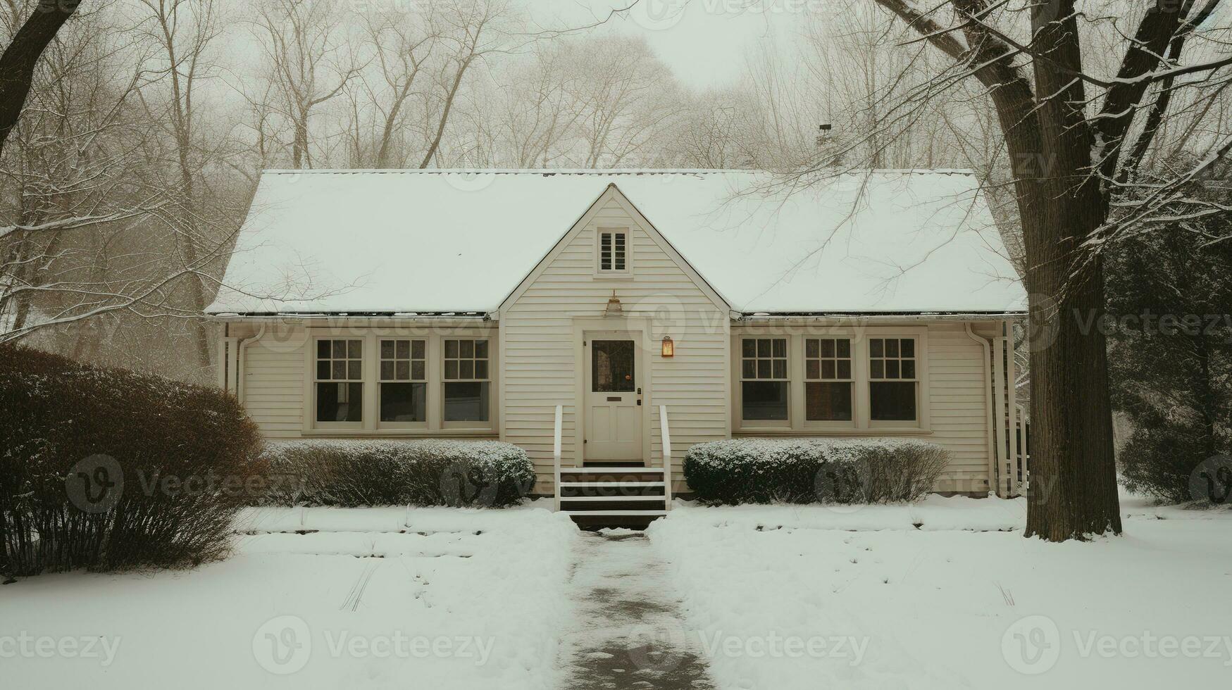 generativ ai, Haus Vorderseite im das Winter mit Weihnachten Dekoration, Kranz und Girlande. Schnee gemütlich Jahreszeit foto