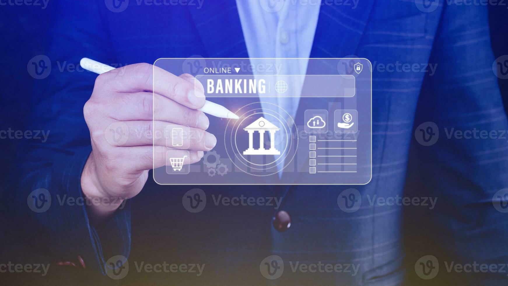 Geschäftsmann berührt online Bankwesen und Netzwerk Verbindung Symbole, online Zahlung Symbole auf virtuell Bildschirm, Internet online Bankwesen Zahlen Konzept. foto