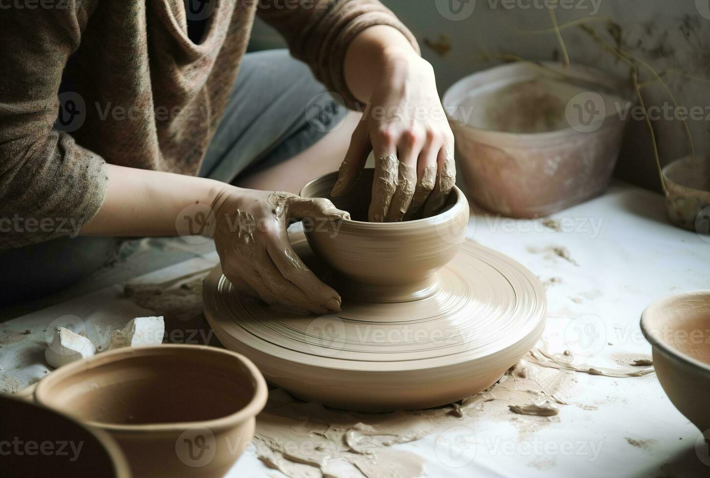 Hobby Herstellung von Lehm Schiffe im ein traditionell Weg durch ein Töpfer. ai generiert foto