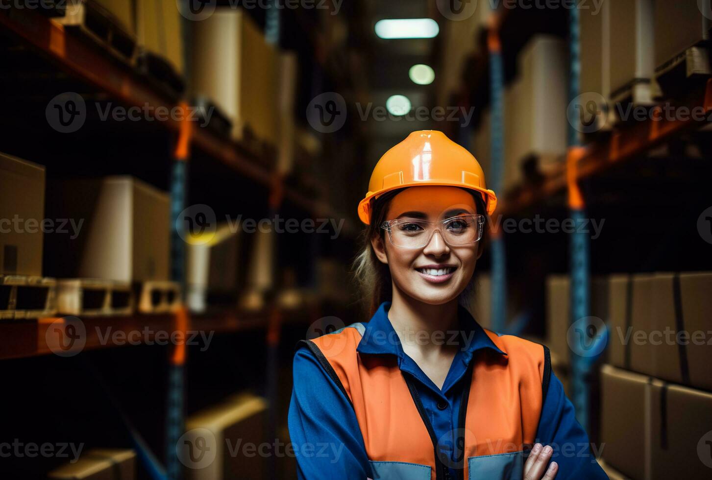 ein schön Frau im ein schützend Helm und Uniform Arbeiten im ein Warenhaus im ein Herstellung Fabrik wie ein Warenhaus Arbeiter. Stehen mit ihr Waffen gekreuzt. ai generiert foto