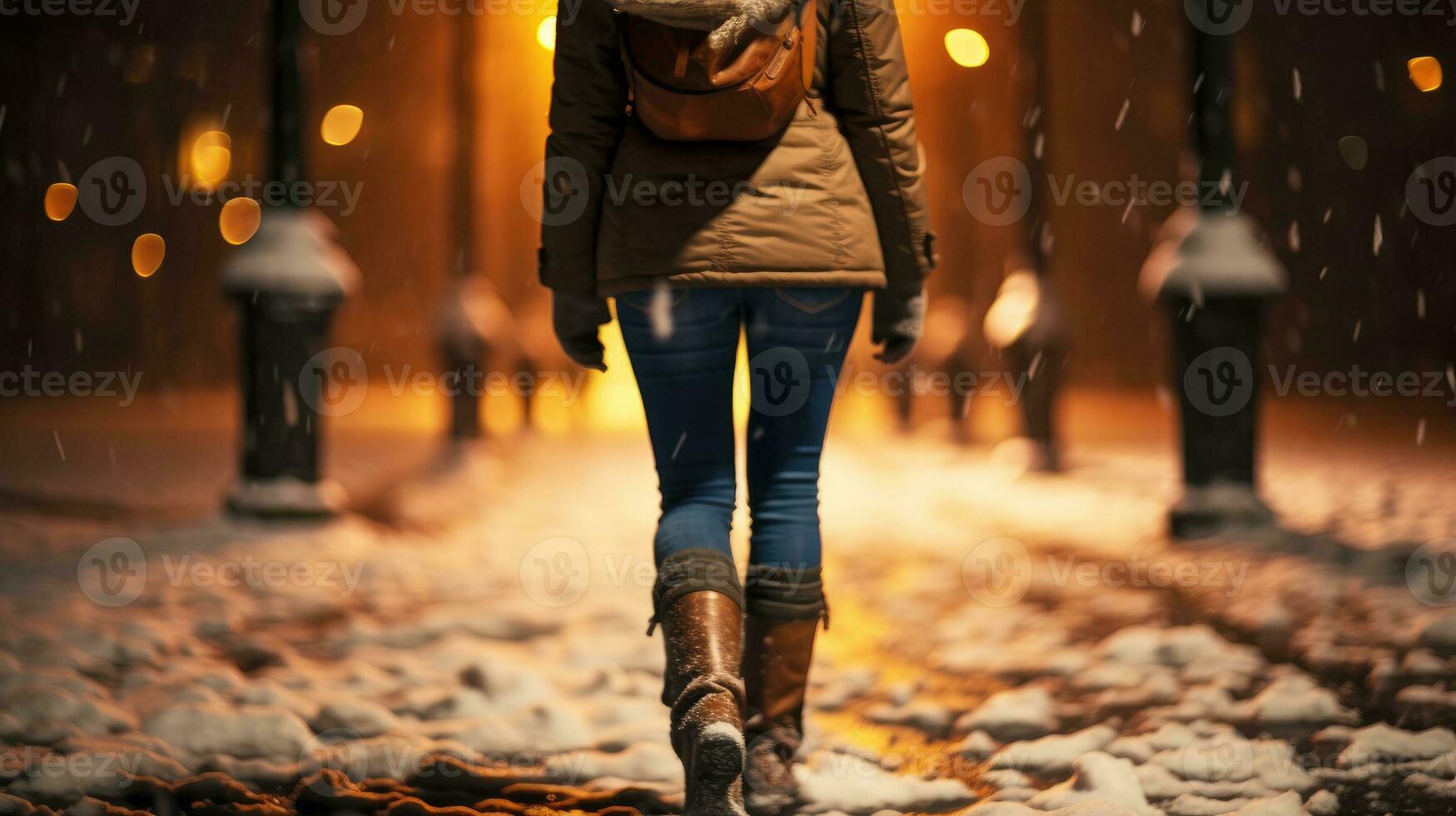 zurück Aussicht Frau Gehen im schneebedeckt Winter Nacht ai generiert foto