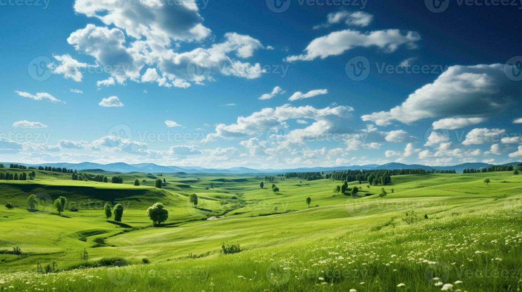 Grün Feld und Blau Himmel ai generiert foto