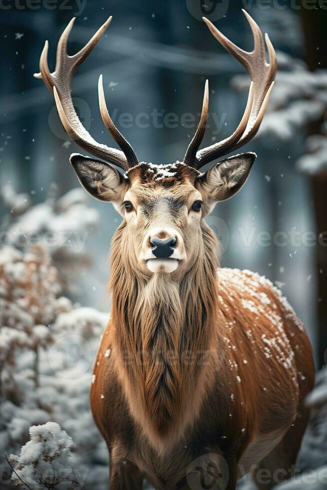 Hirsch auf Schnee Natur Hintergrund, ai generiert foto