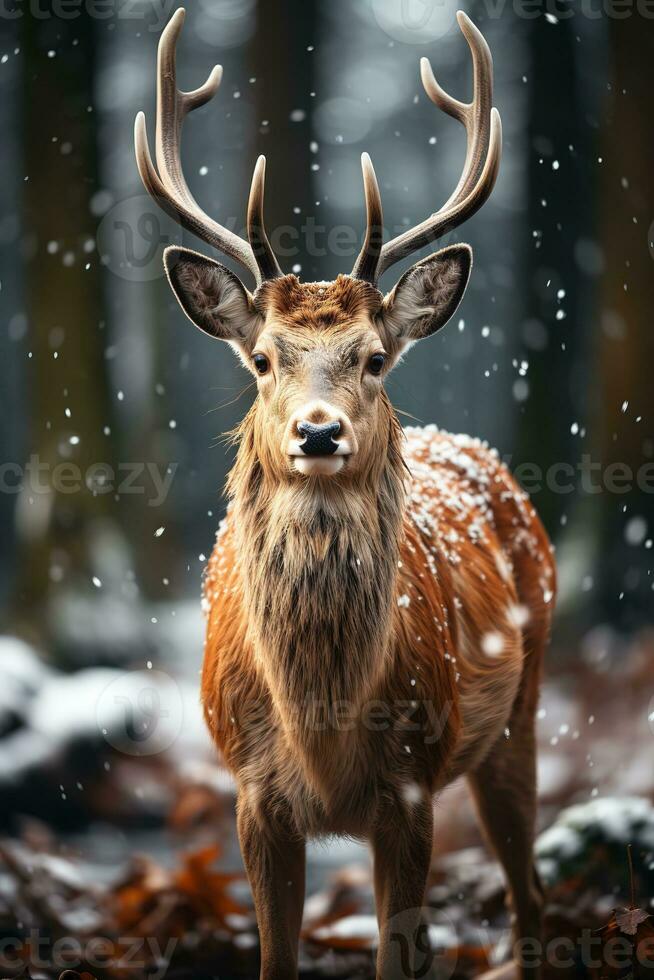 Hirsch auf Schnee Natur Hintergrund, ai generiert foto