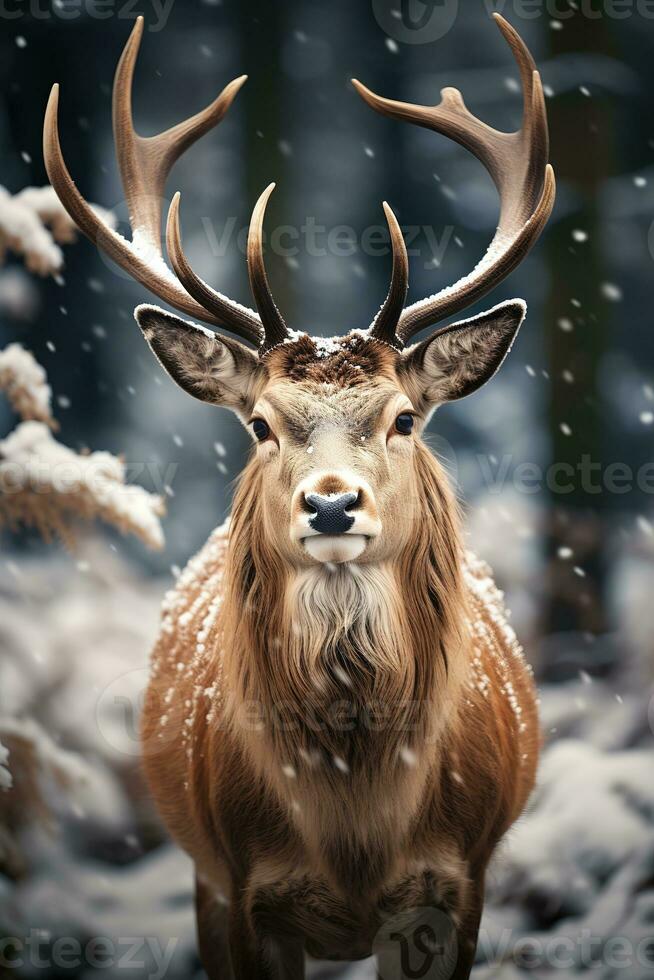 Hirsch auf Schnee Natur Hintergrund, ai generiert foto