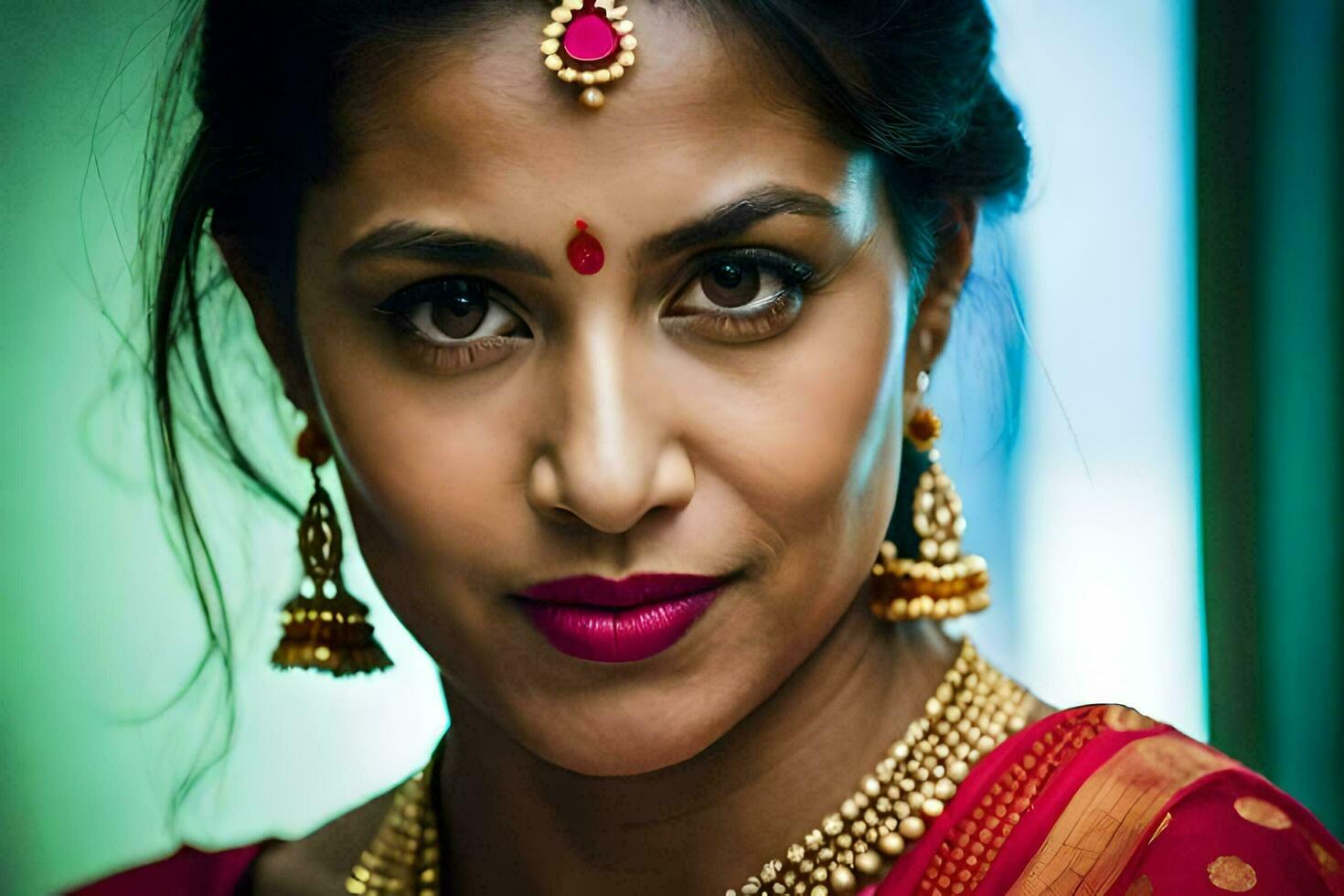 ein Frau im ein rot Sari mit Gold Schmuck. KI-generiert foto