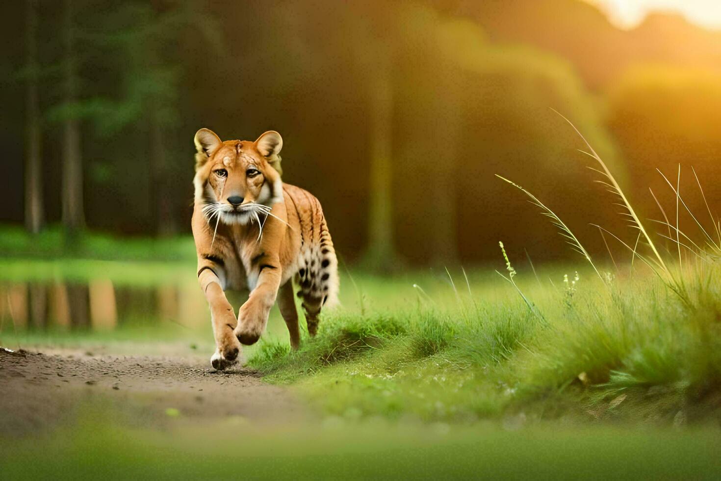 ein Tiger Gehen entlang ein Pfad im das Wald. KI-generiert foto