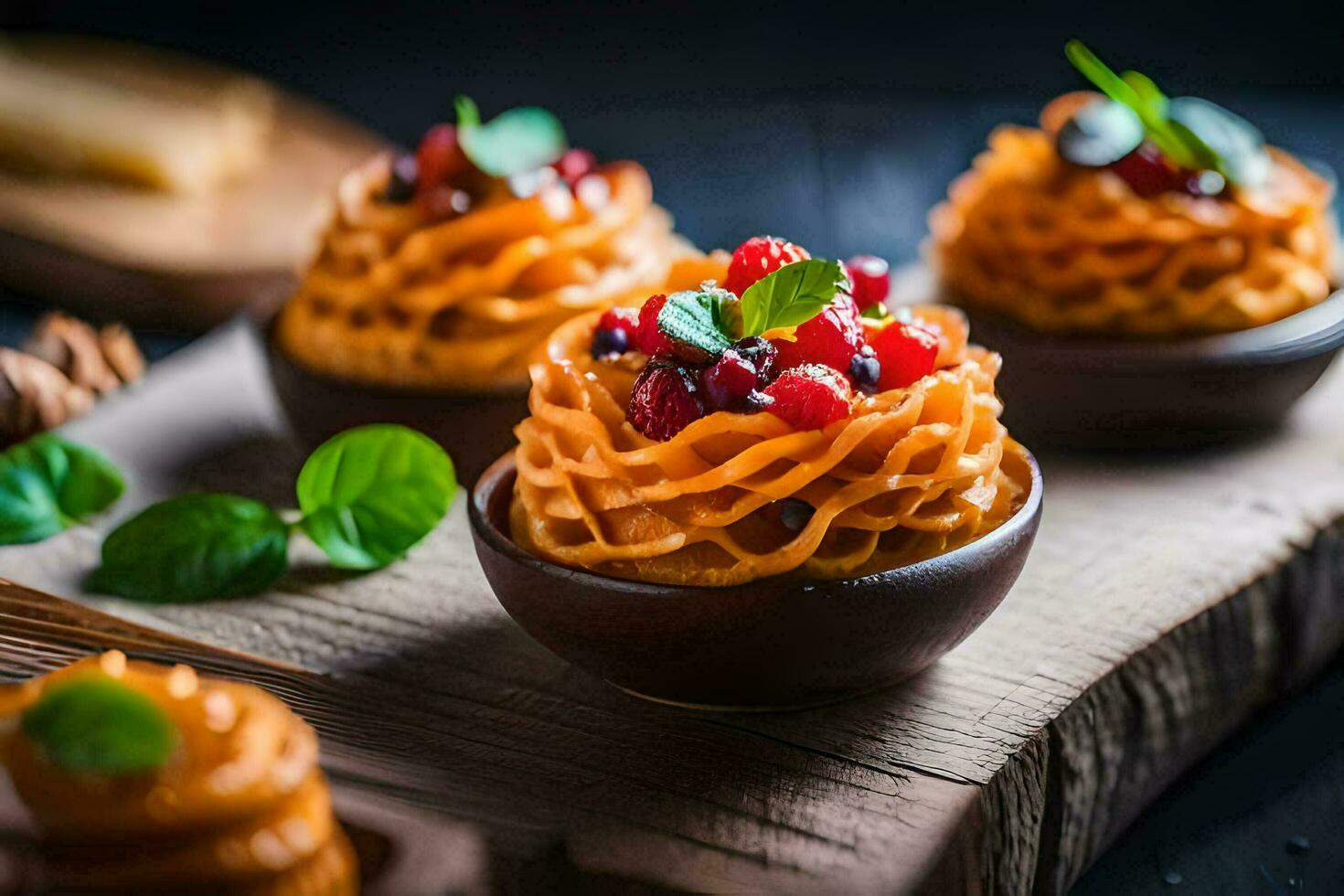 klein Schalen mit Obst und Käse auf ein hölzern Tafel. KI-generiert foto