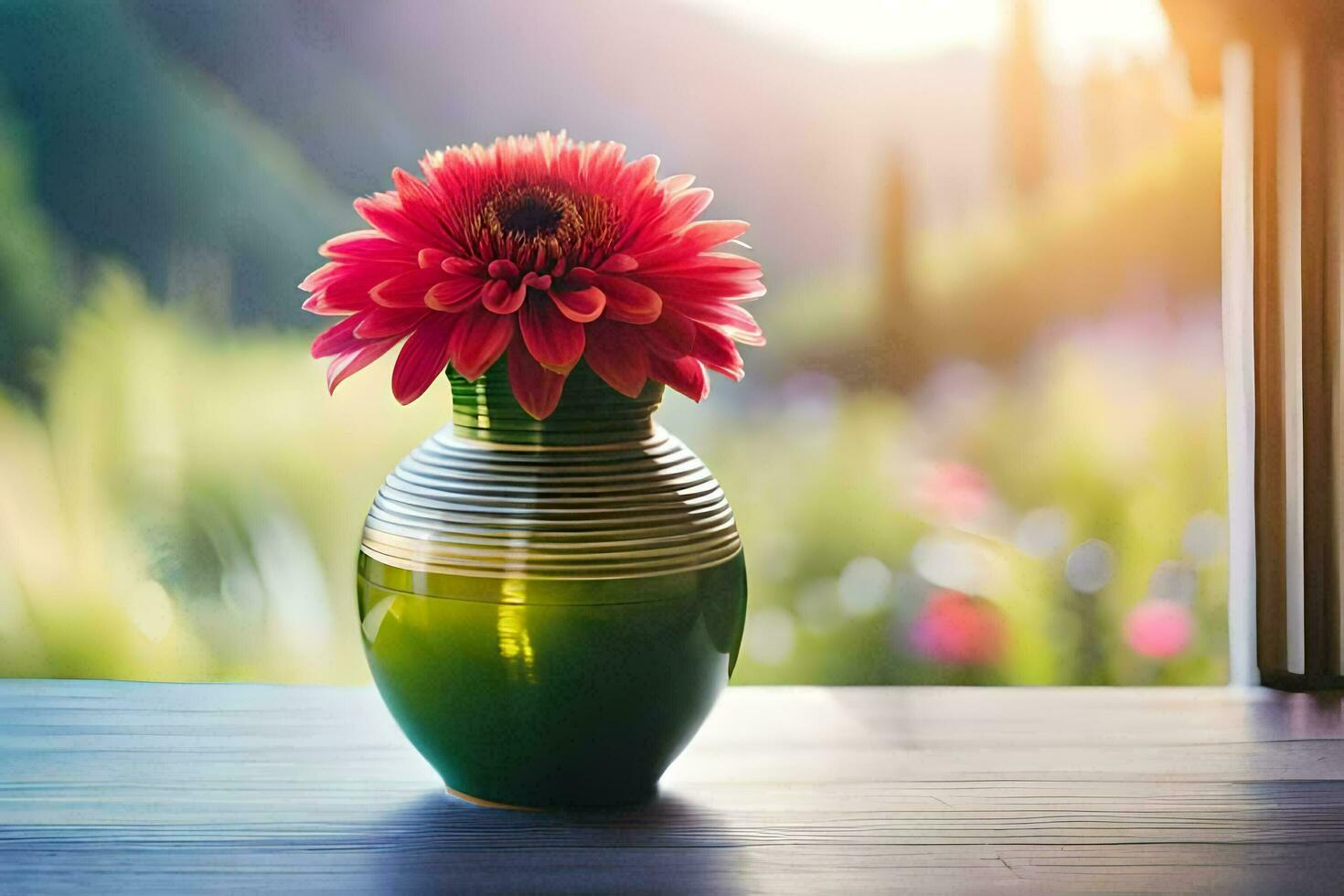 ein Grün Vase mit ein rot Blume Sitzung auf ein Tisch. KI-generiert foto