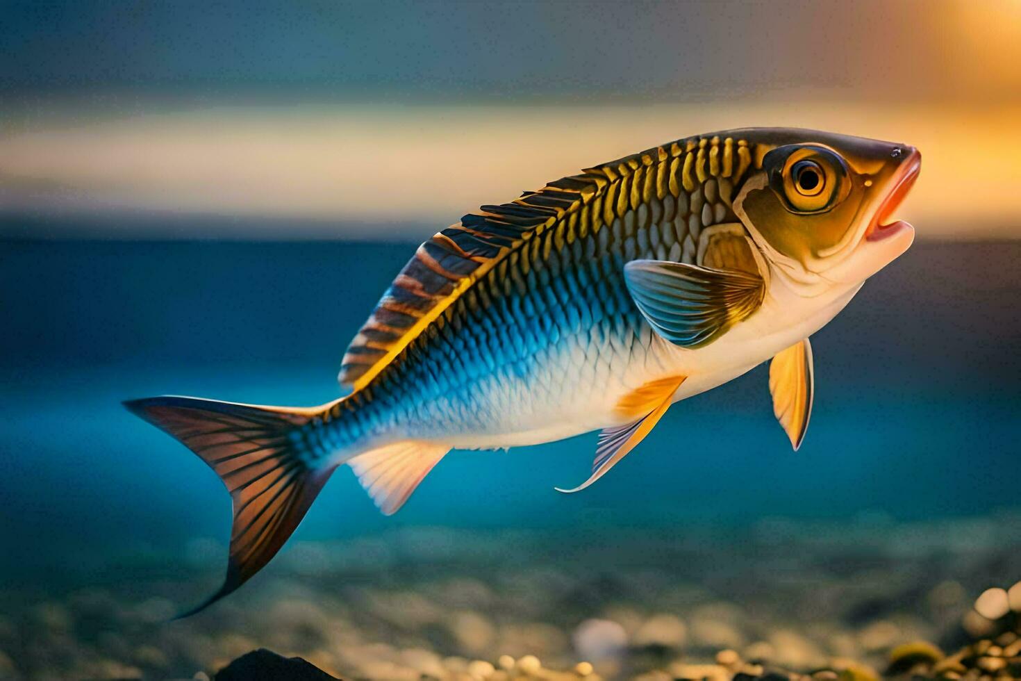 ein Fisch ist Schwimmen im das Wasser beim Sonnenuntergang. KI-generiert foto