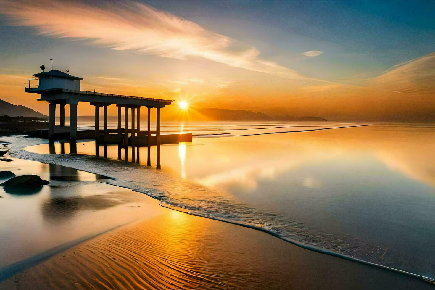 das Sonne setzt Über ein Seebrücke auf das Strand. KI-generiert foto