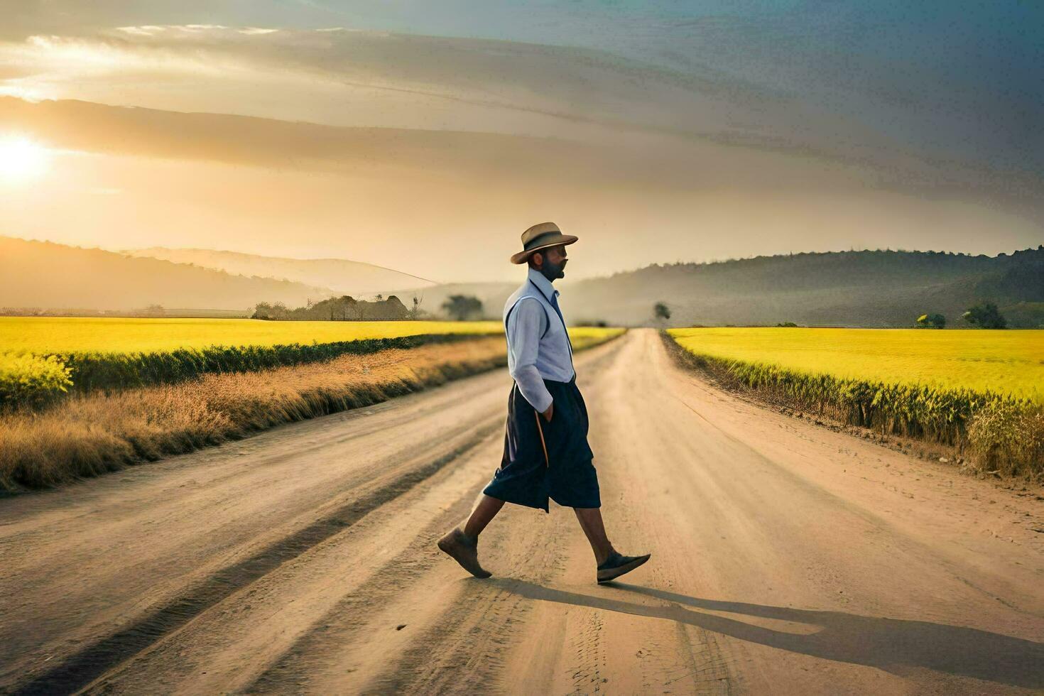 ein Mann im ein Hut und Hemd Spaziergänge Nieder ein Schmutz Straße. KI-generiert foto