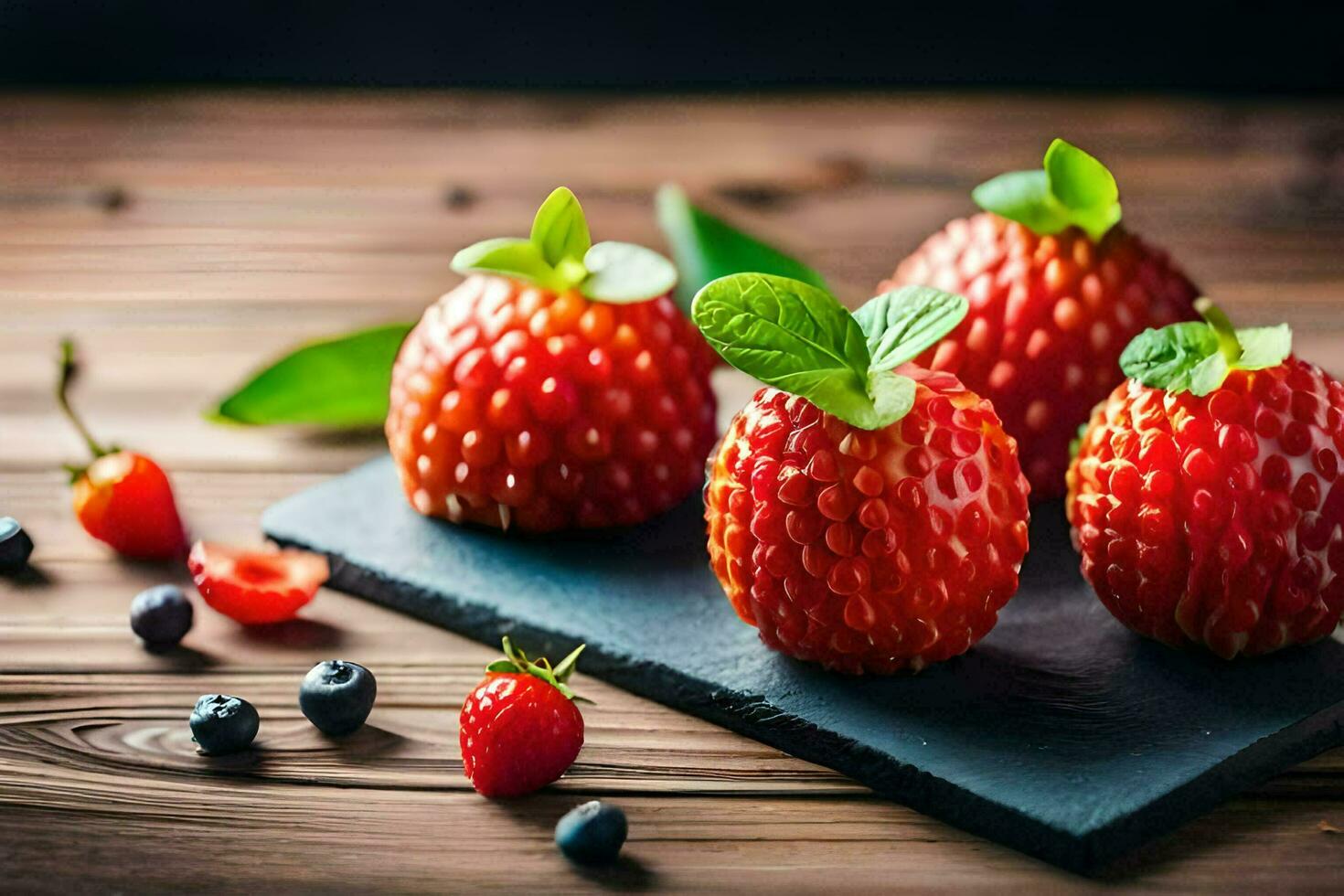 frisch Erdbeeren und Blaubeeren auf ein schwarz Schiefer. KI-generiert foto