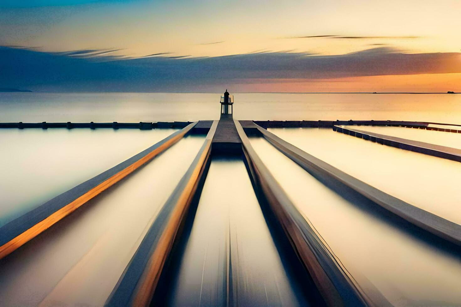 ein lange Exposition fotografieren von ein Mann Stehen auf ein Seebrücke. KI-generiert foto