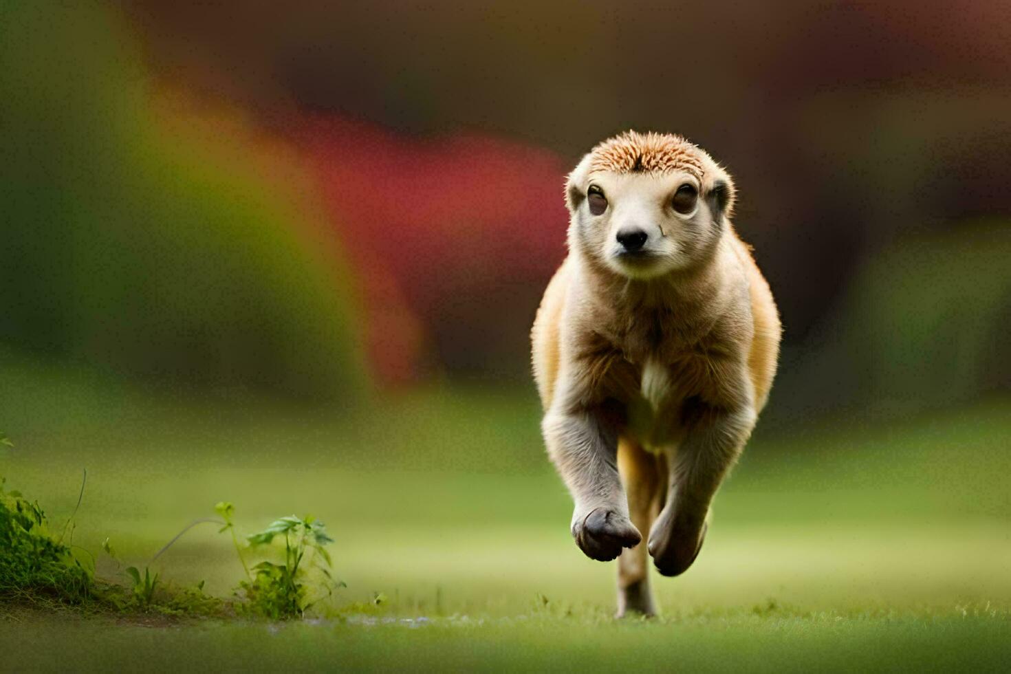 ein Baby Erdmännchen Laufen über ein Feld. KI-generiert foto