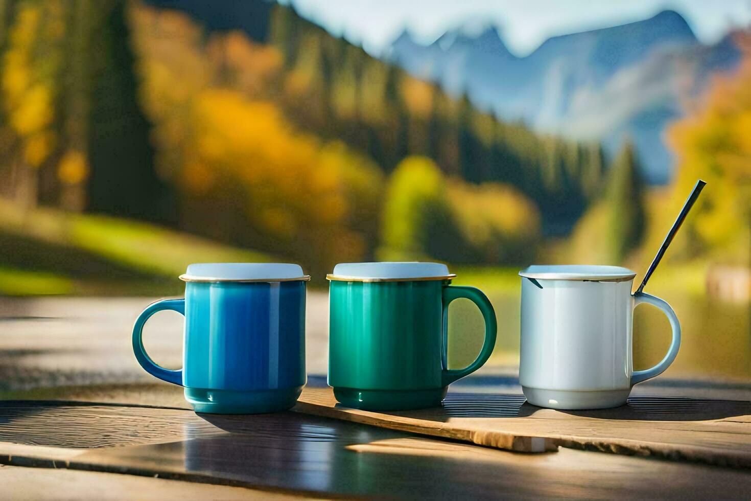 drei Kaffee Tassen auf ein hölzern Tabelle mit ein See im das Hintergrund. KI-generiert foto