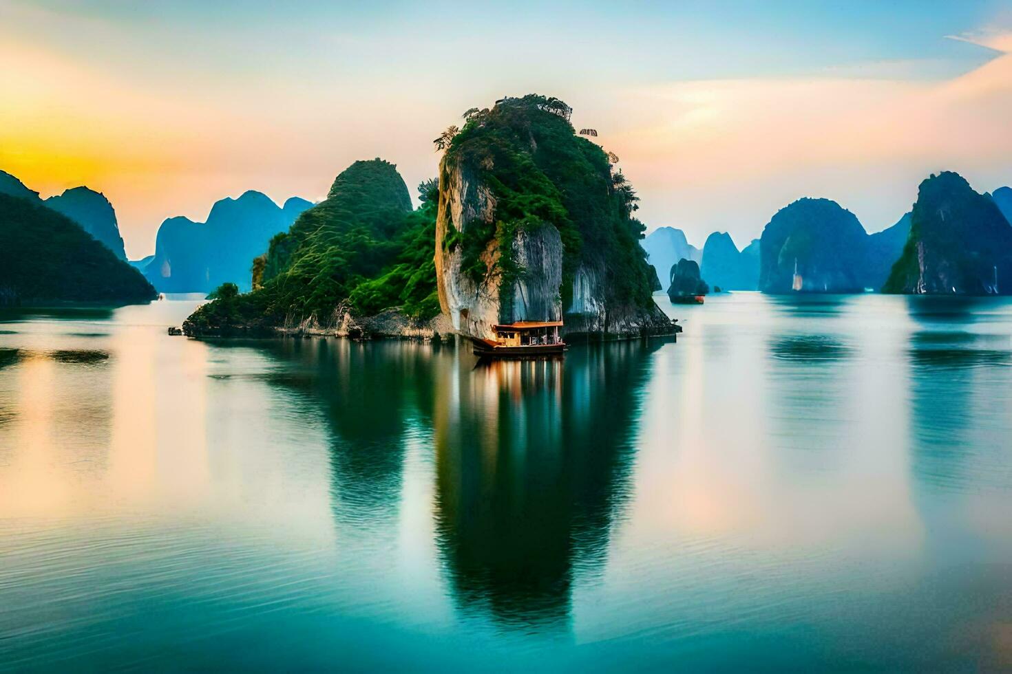 das Sonnenaufgang Über Halong Bucht, Vietnam. KI-generiert foto