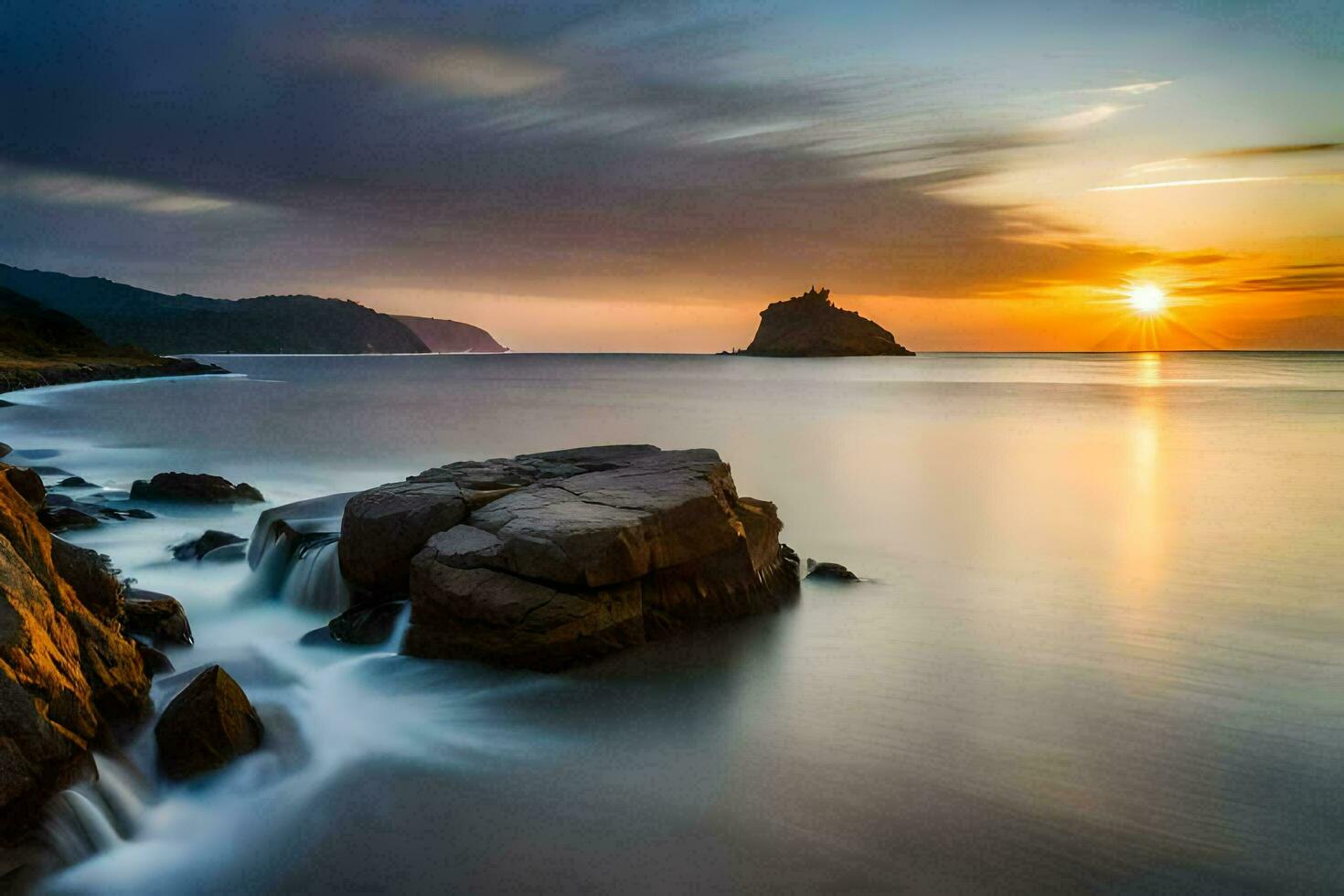 das Sonne setzt Über das Ozean und Felsen. KI-generiert foto