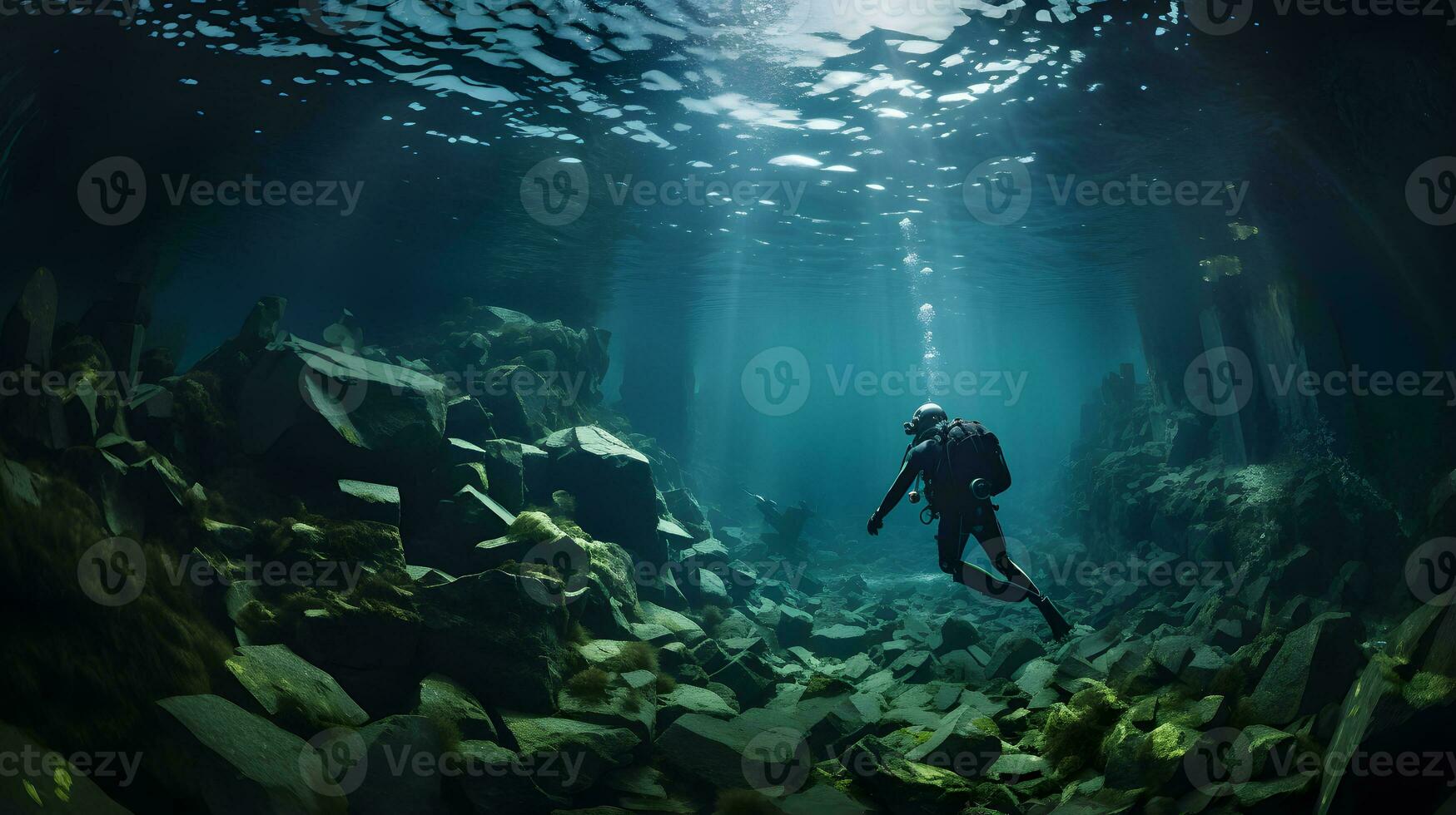 unter Wasser Aussicht von ein Taucher im das tief Blau Wasser foto