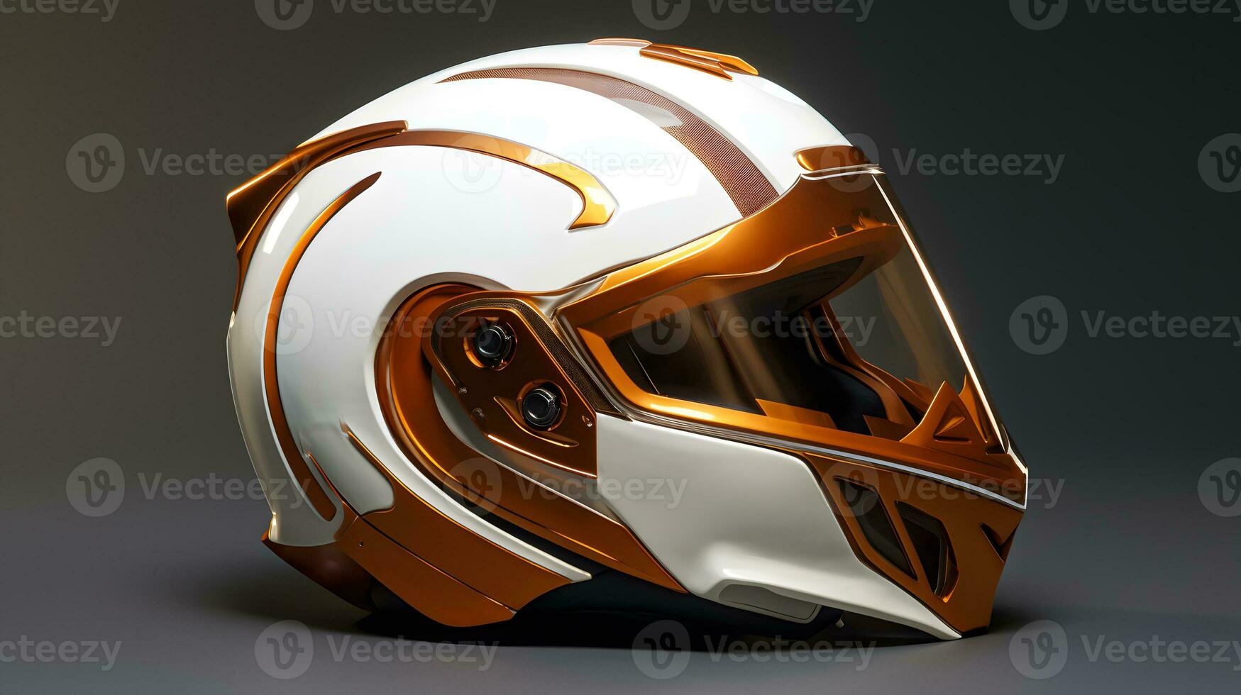 Orange Motorrad Helm auf ein grau Hintergrund foto