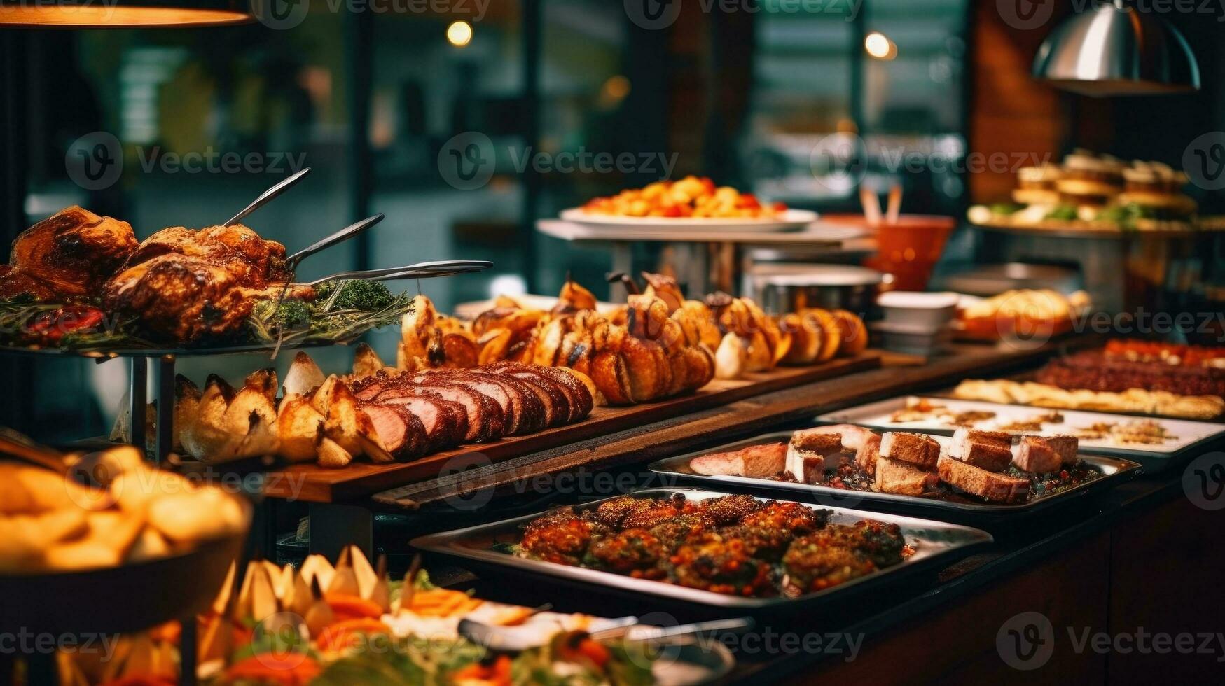 Buffet Abendessen, öffnen Buffet mit ein sehr köstlich Sorten von Grill , Gebäck , Nachspeisen. generativ ai foto