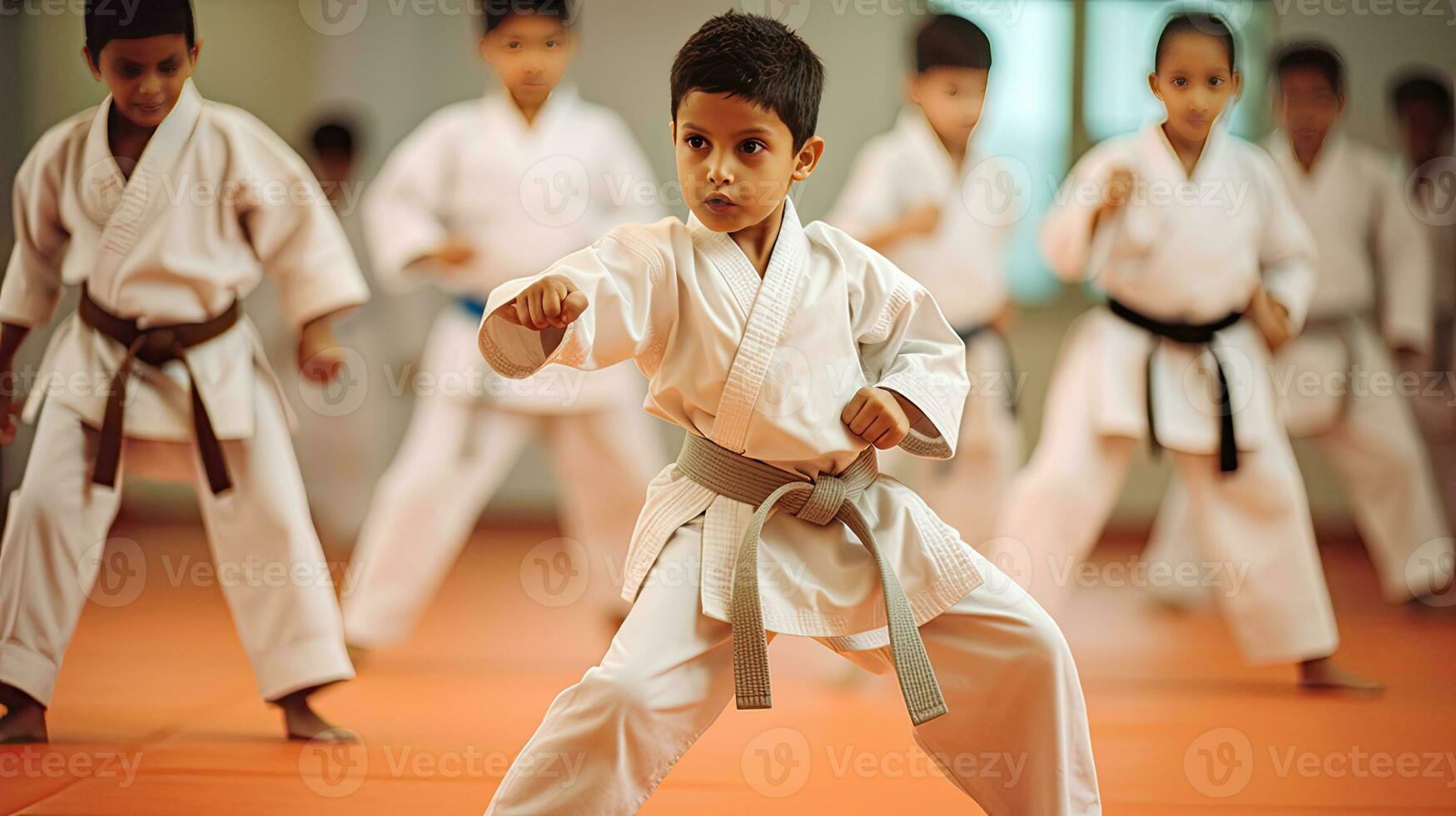 asiatisch Kinder Karate kriegerisch Künste. Taekwondo. generativ ai foto