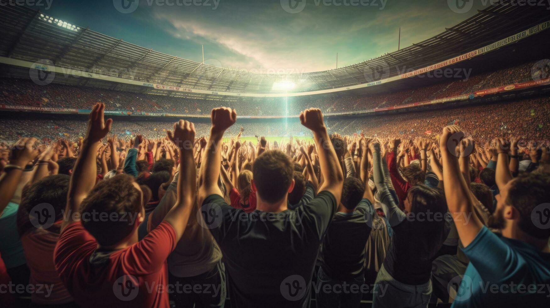 Gruppe von Fans Fußball feiern das Erfolg von ihr Liebling Sport Mannschaft auf das steht von das Fachmann Stadion. generativ ai foto