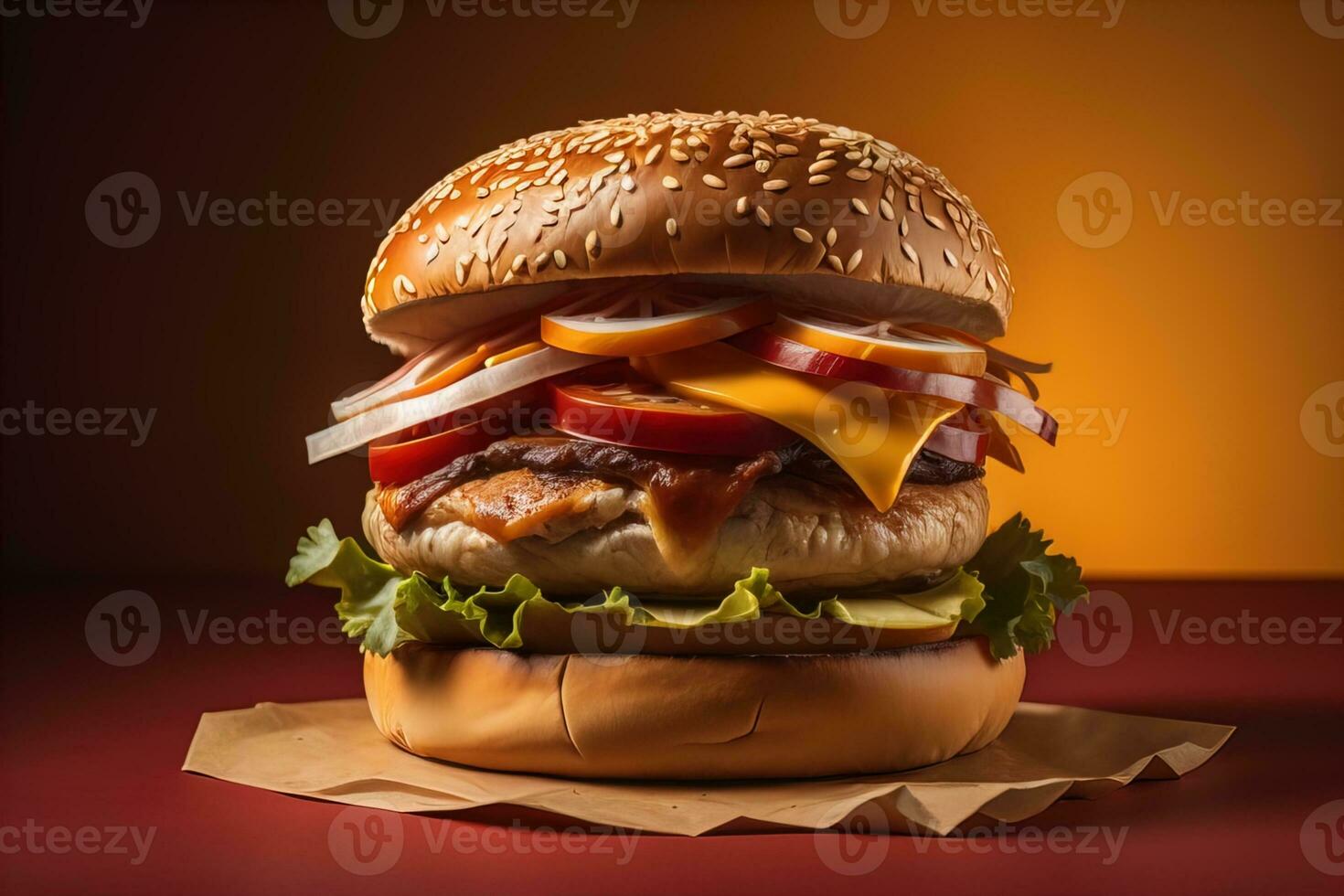 groß lecker Hamburger auf hölzern Tisch. ai generativ foto